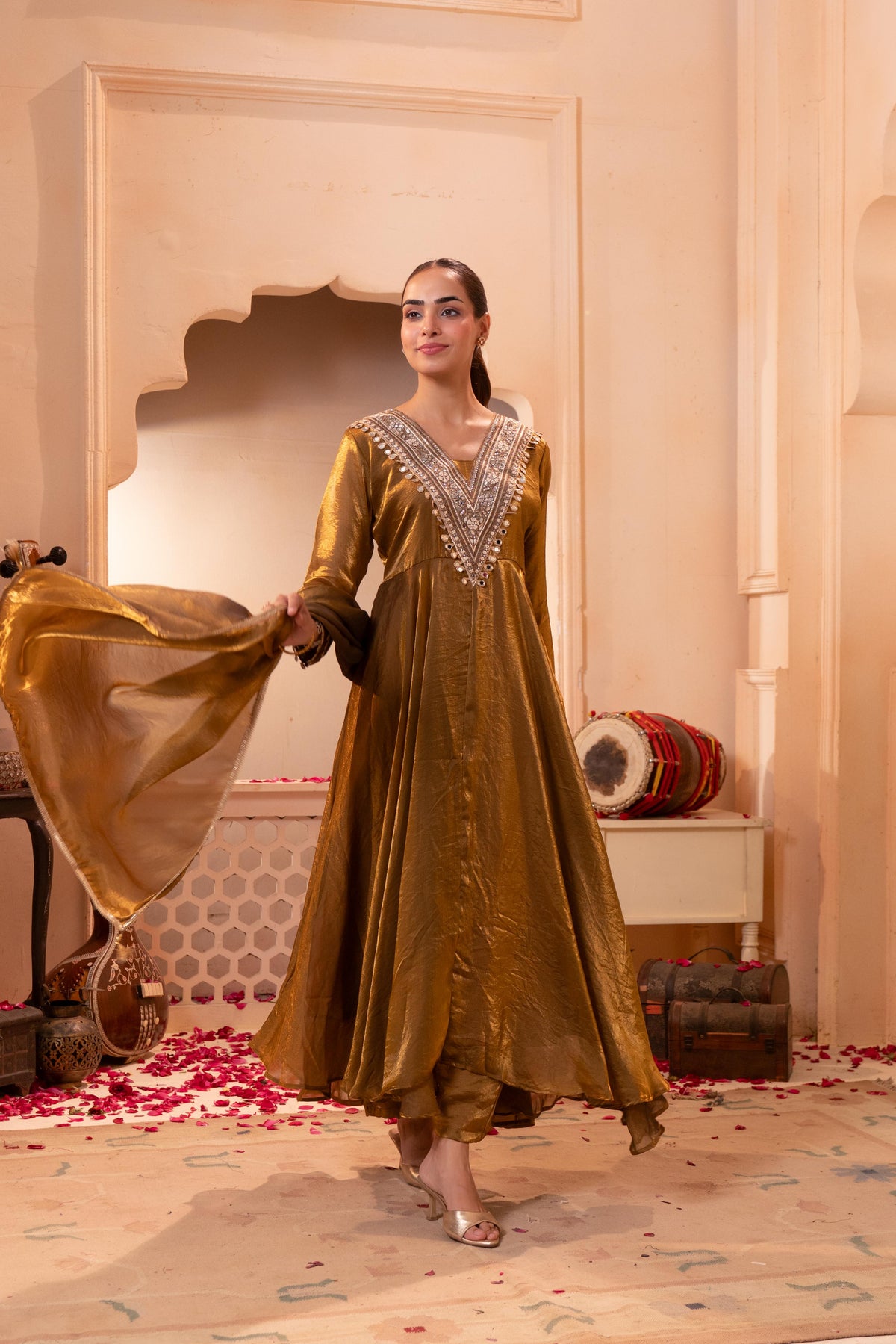Metallic Antique Gold Embellished Roman Silk Pant Set