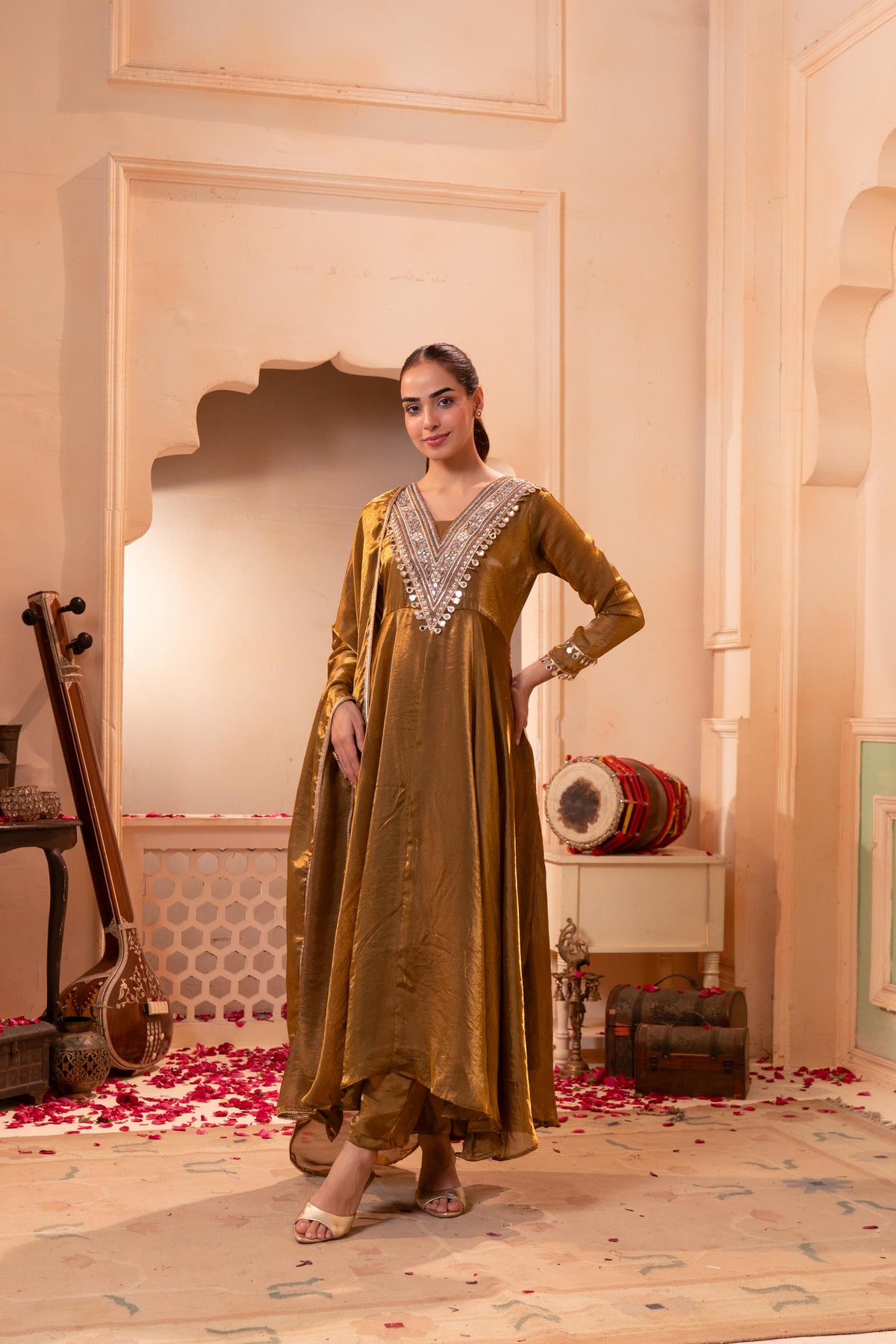 Metallic Antique Gold Embellished Roman Silk Pant Set
