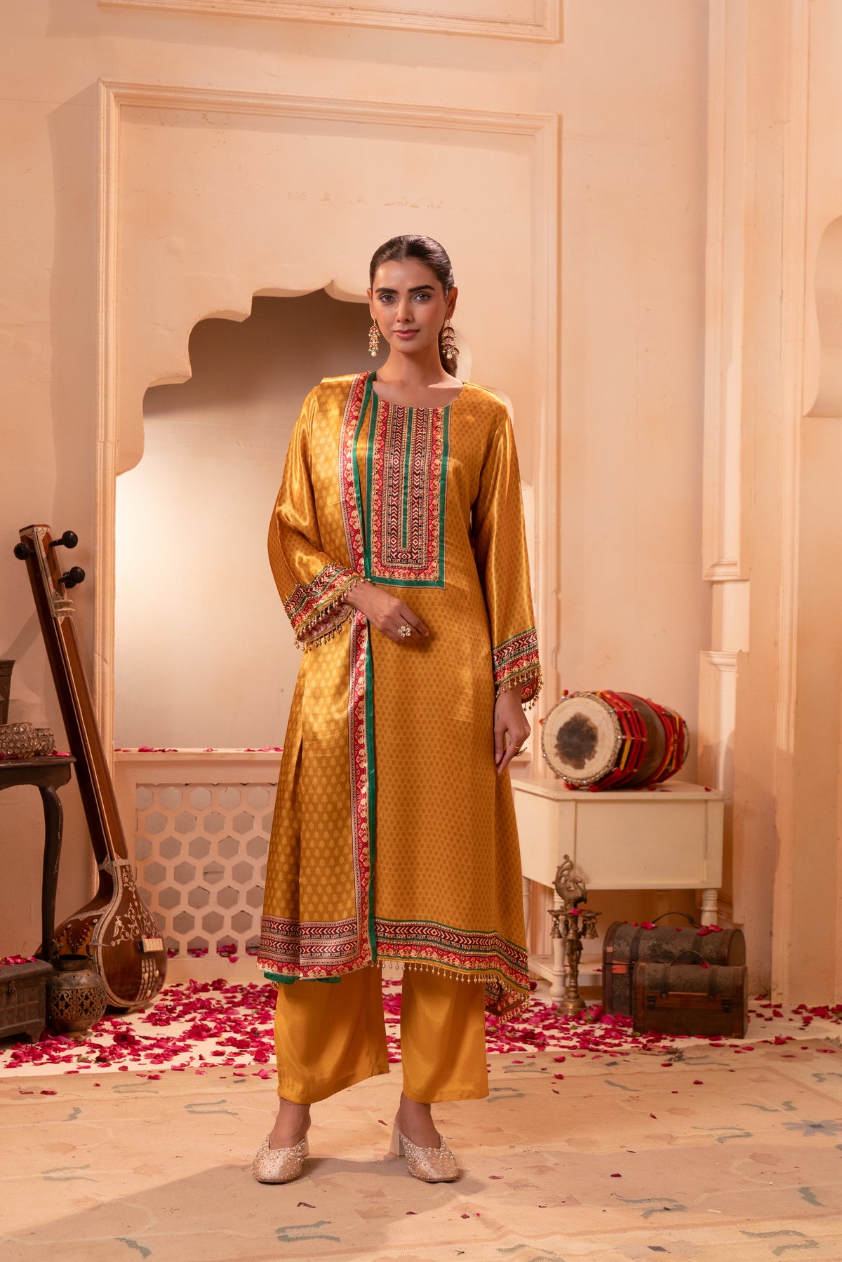 Mustard Gold Embellished Crepe Satin Silk Palazzo Set
