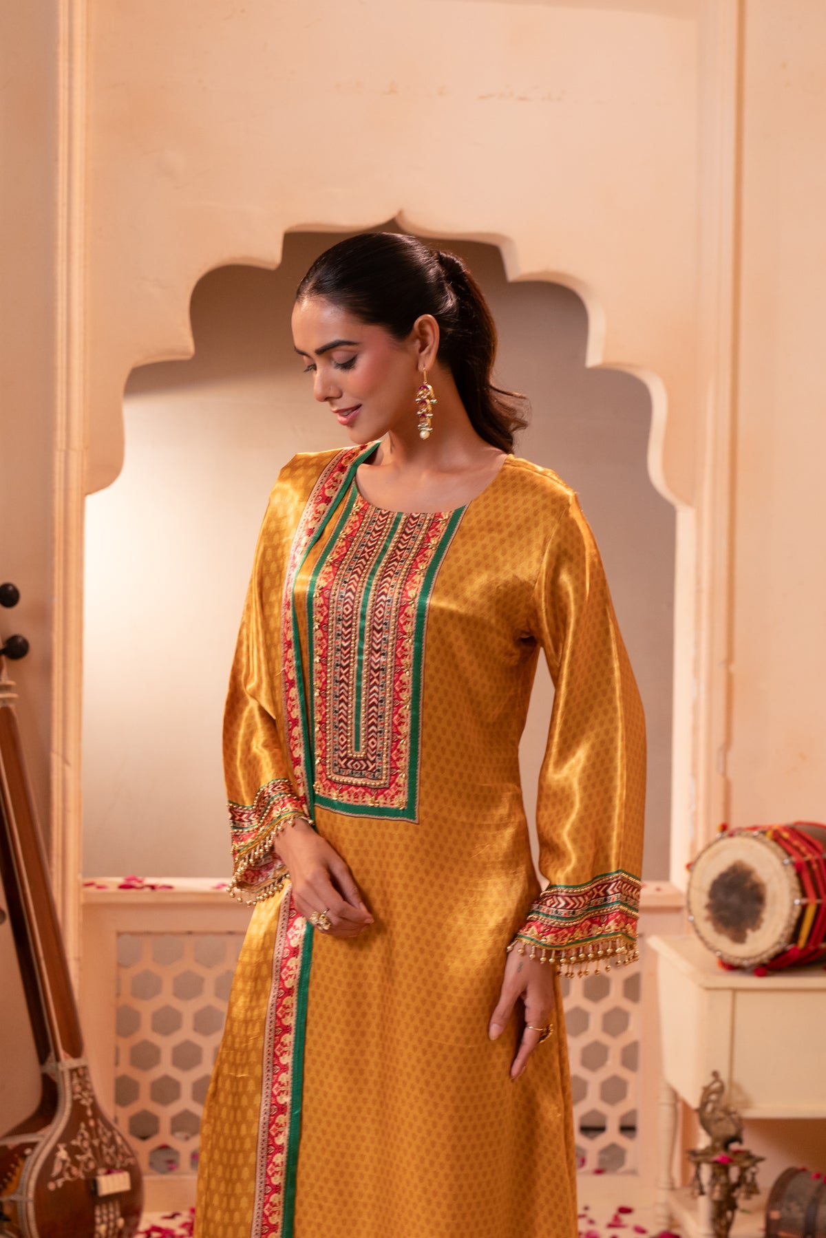 Mustard Gold Embellished Crepe Satin Silk Palazzo Set