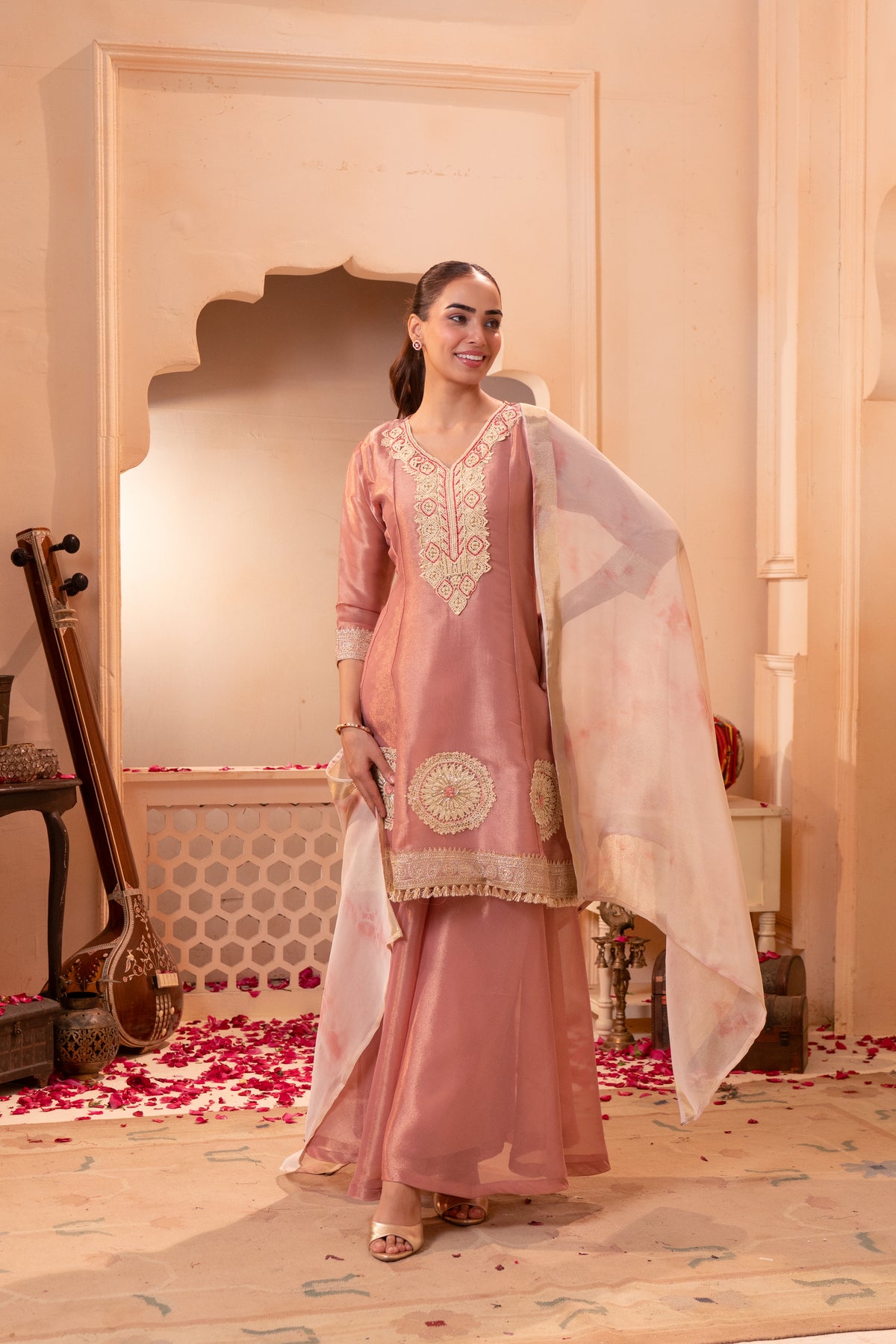 Blush Pink Embellished Shimmer Silk Palazzo Set