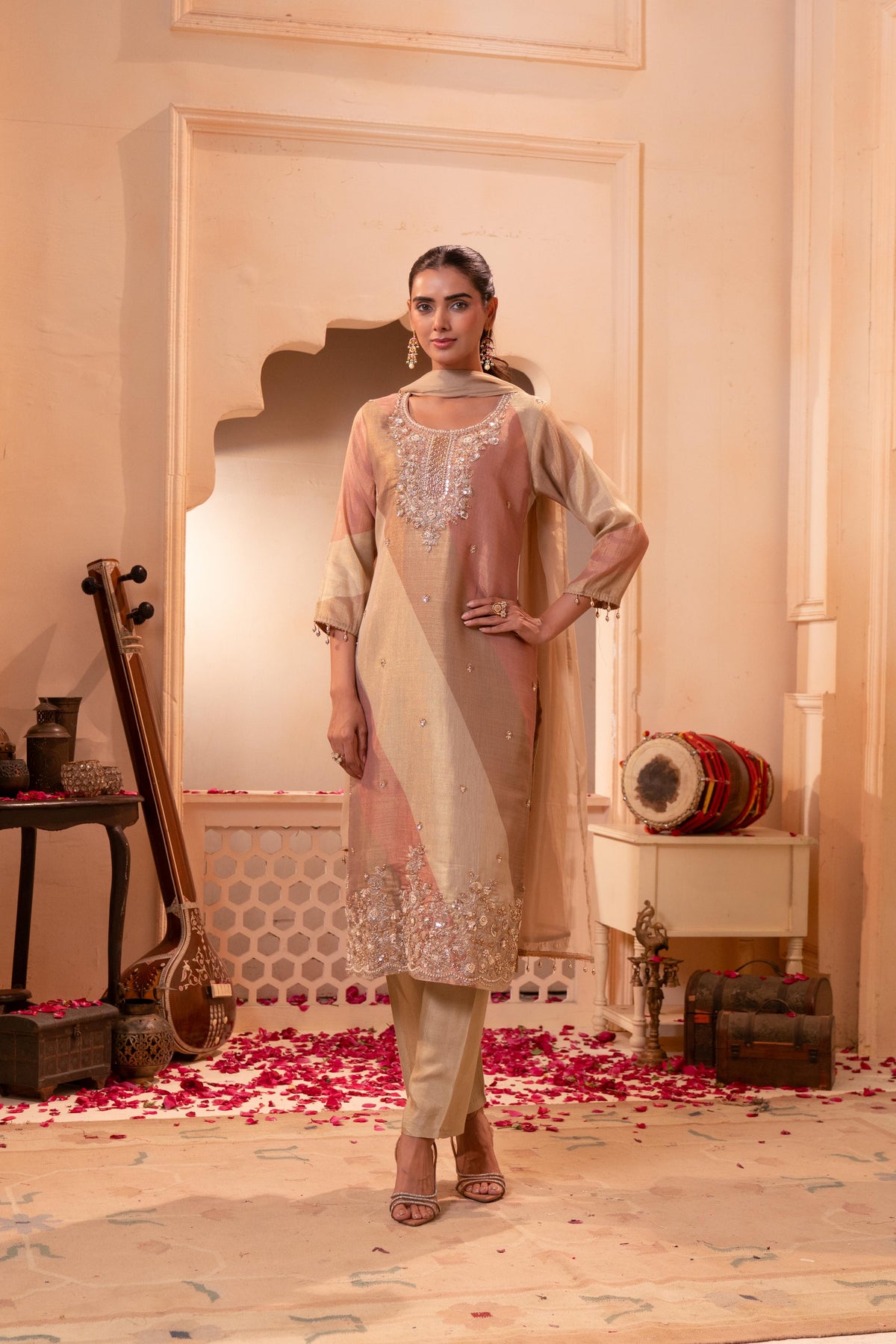 Golden Mist Embellished Banarasi Silk Pant Set