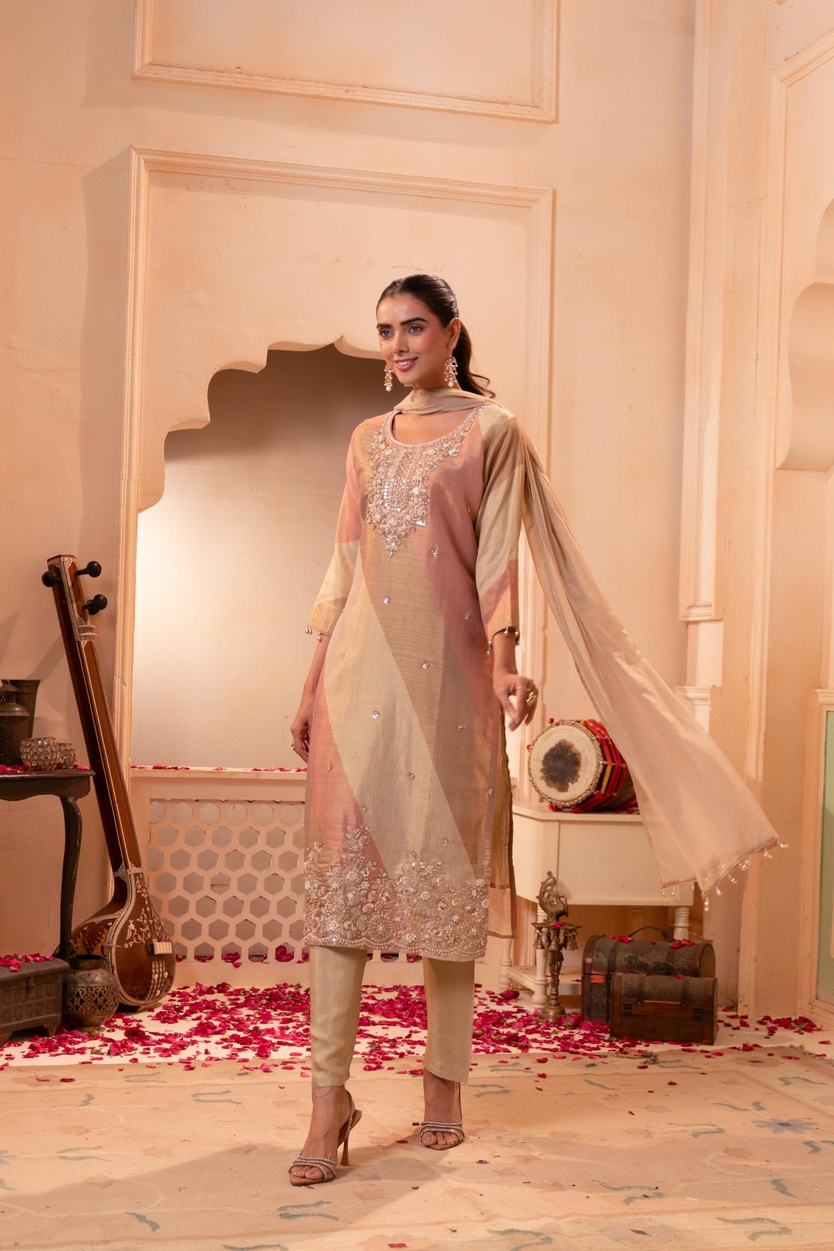 Golden Mist Embellished Banarasi Silk Pant Set