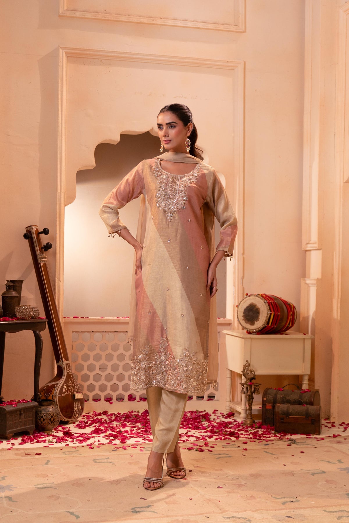 Golden Mist Embellished Banarasi Silk Pant Set