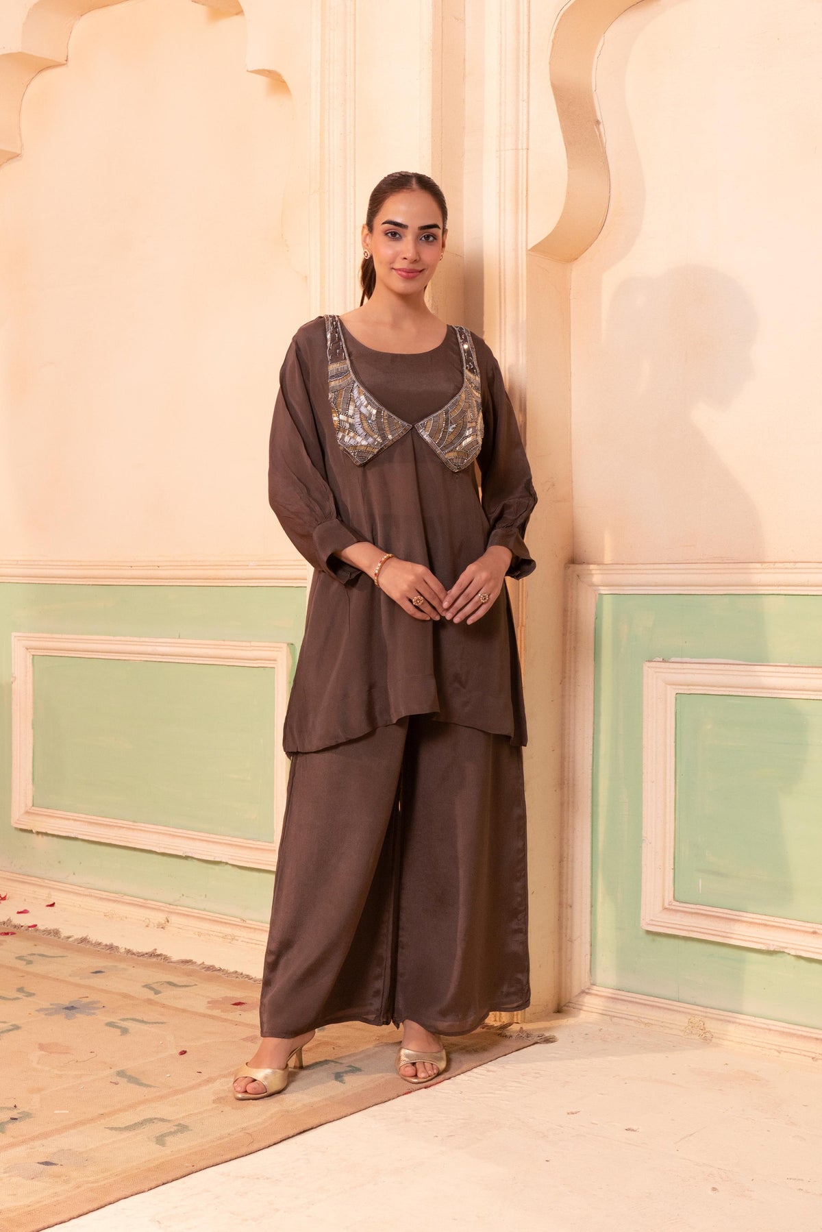 Chocolate Brown Embellished Chinon Silk Palazzo Set