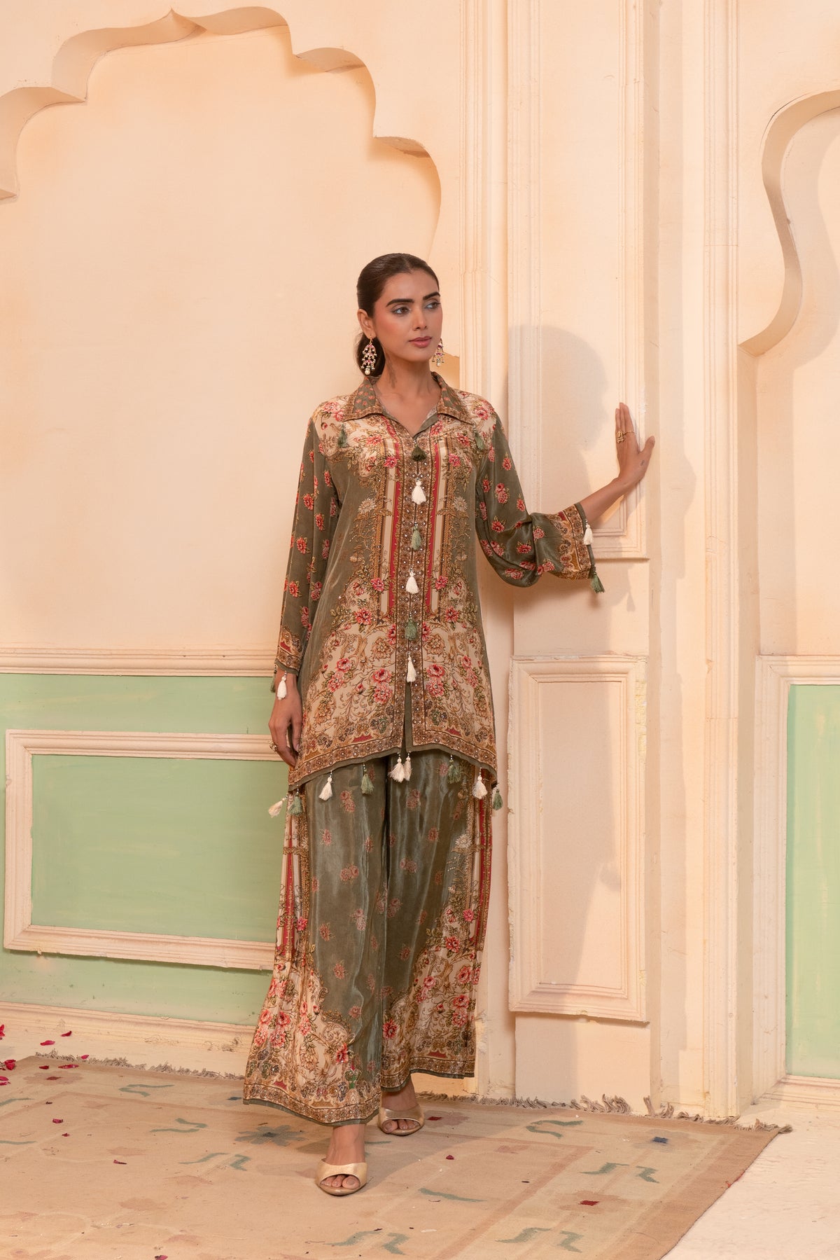 Moss Green Embellished Crepe Silk Co-Ord Set