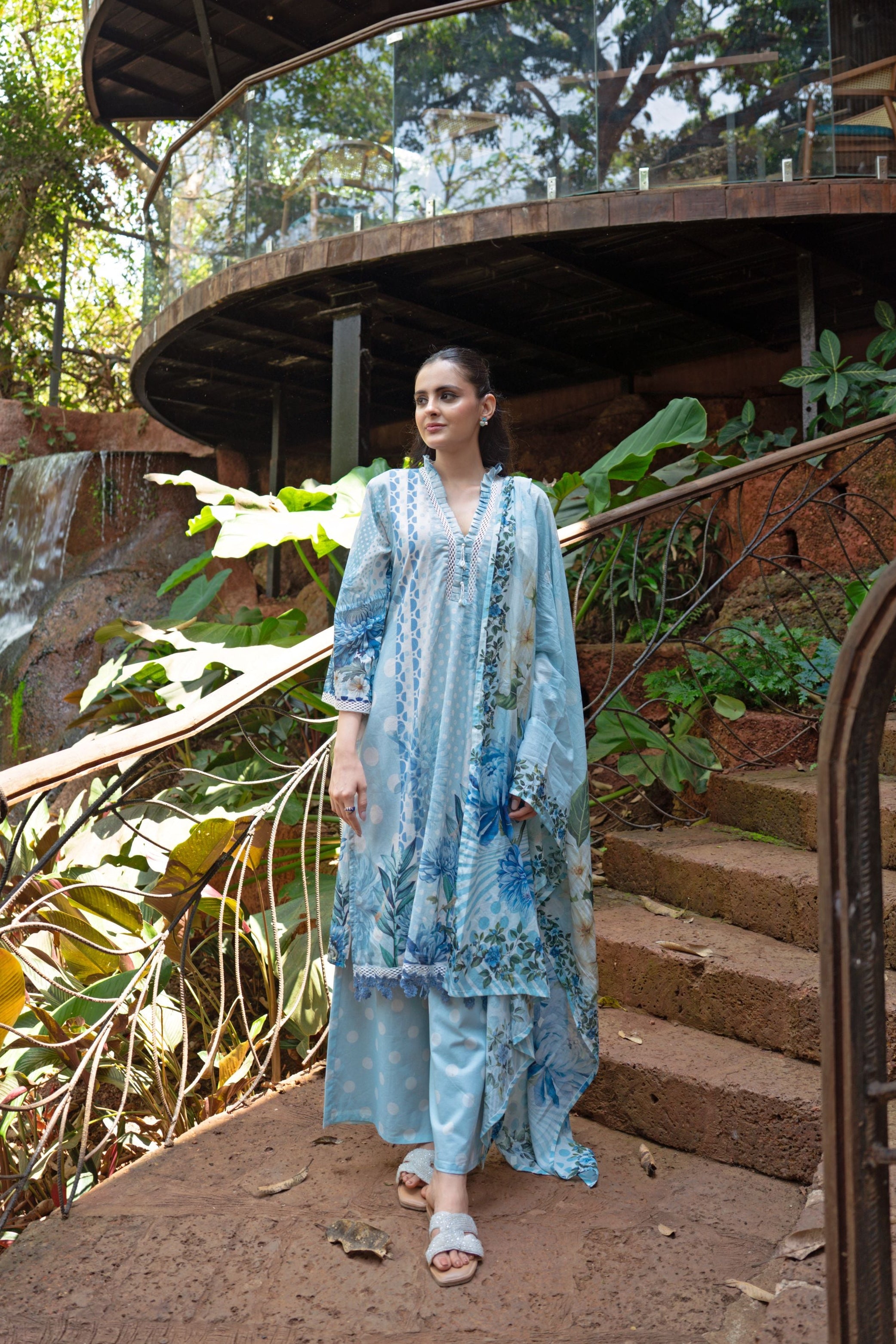 Frosted Blue Printed Cotton Pant Set
