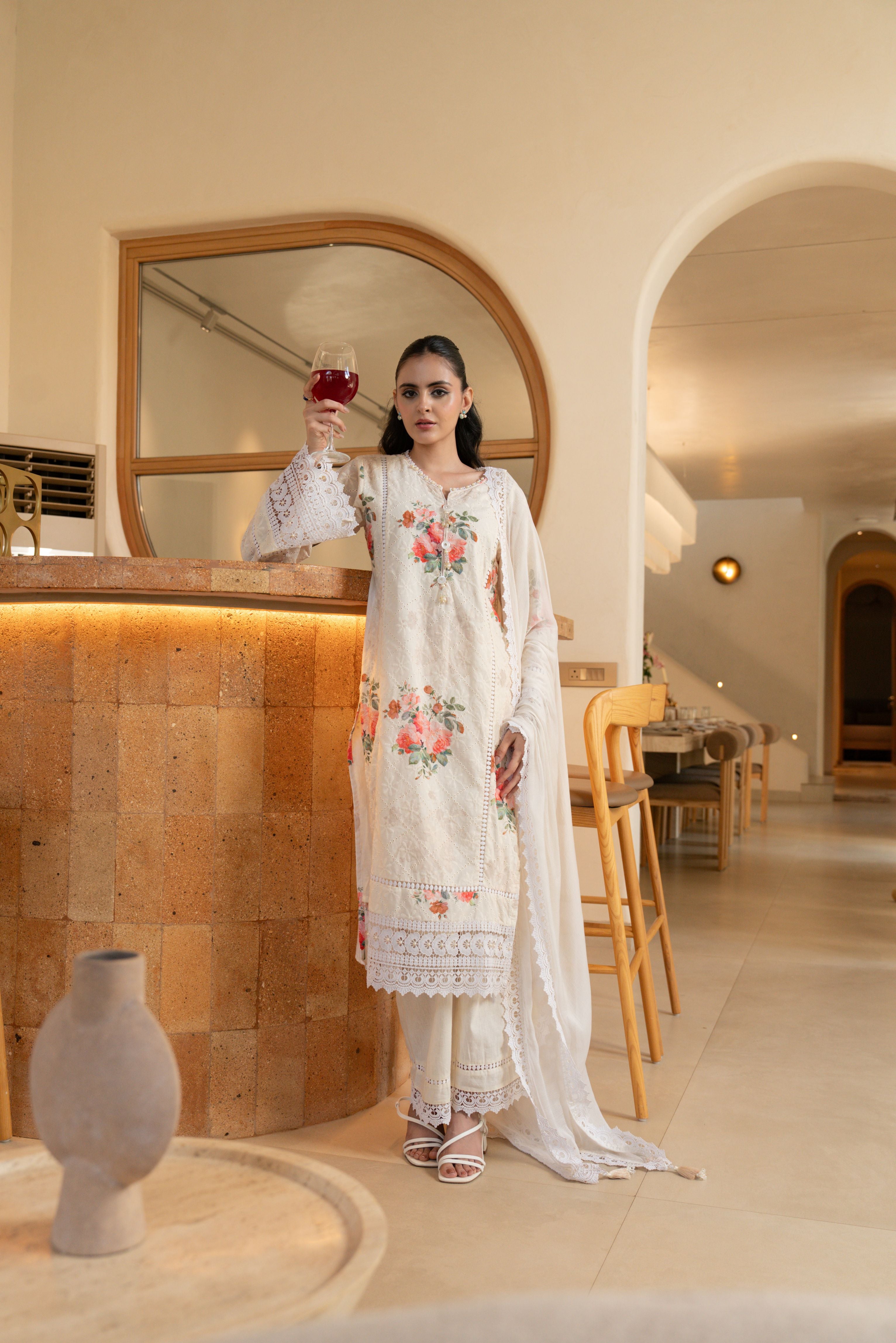 Ivory Rose Embellished Cotton Pant Set