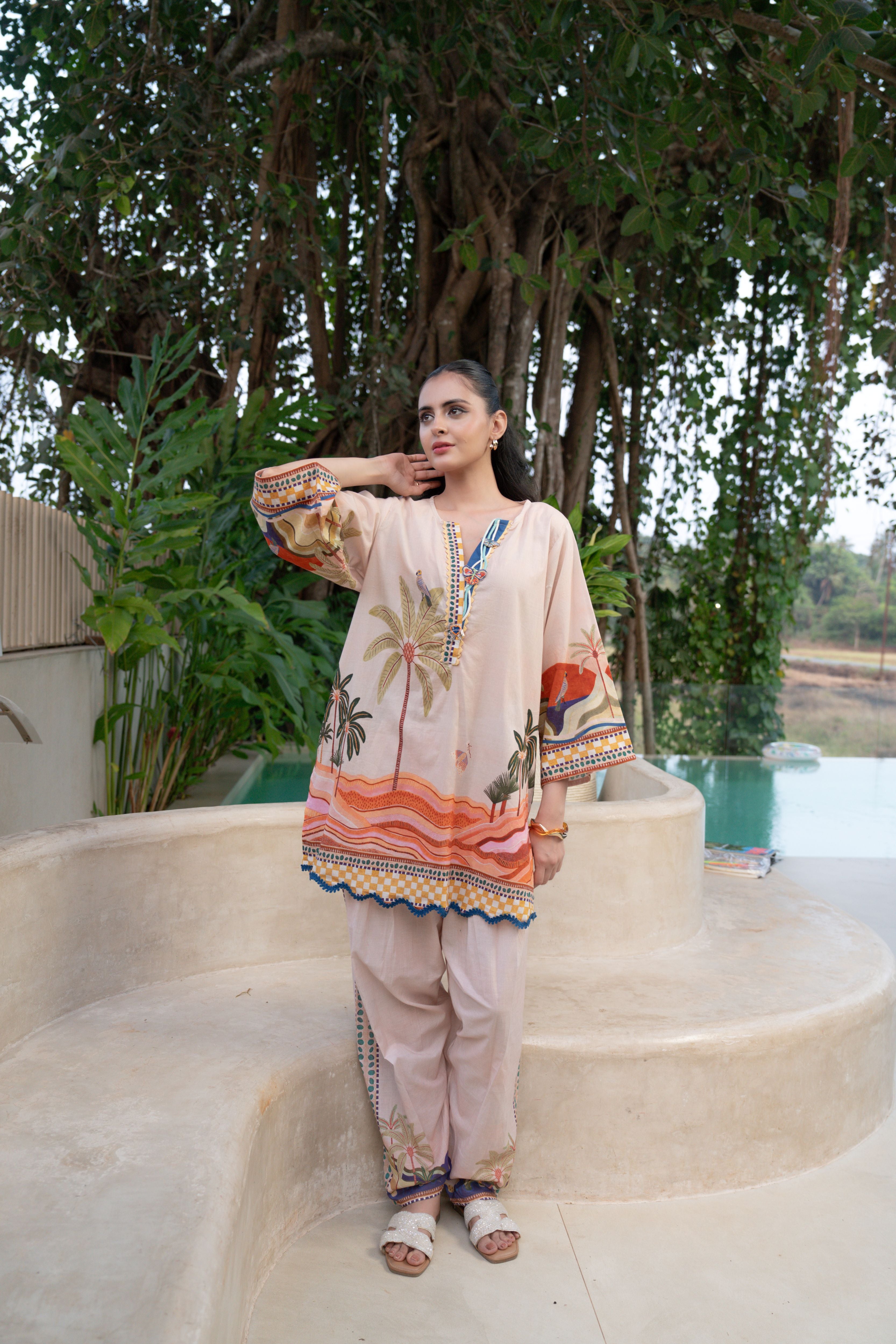 Dessert Beige Printed Cotton Co-Ord Set
