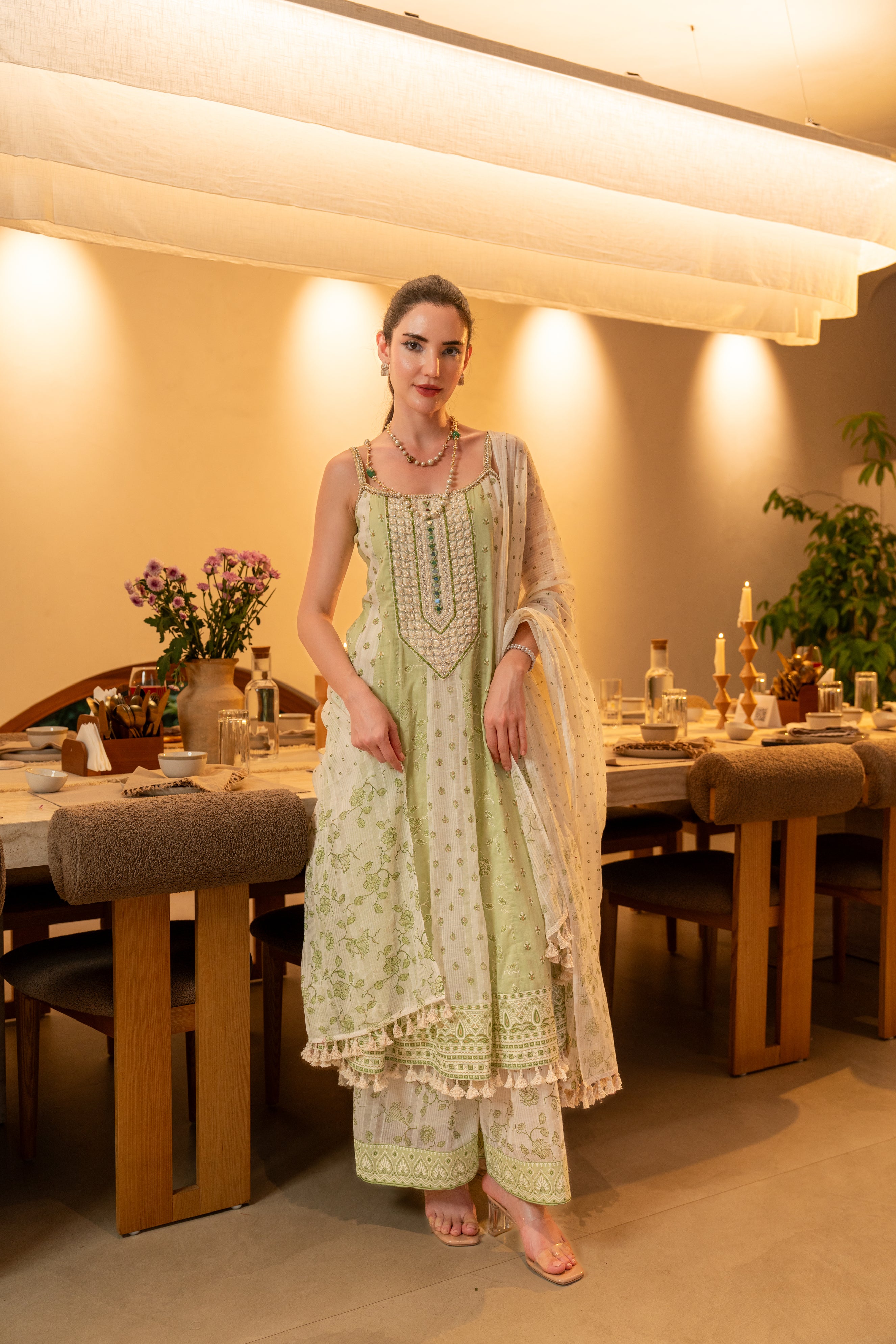Sage Mist Embellished Cotton Anarkali Set