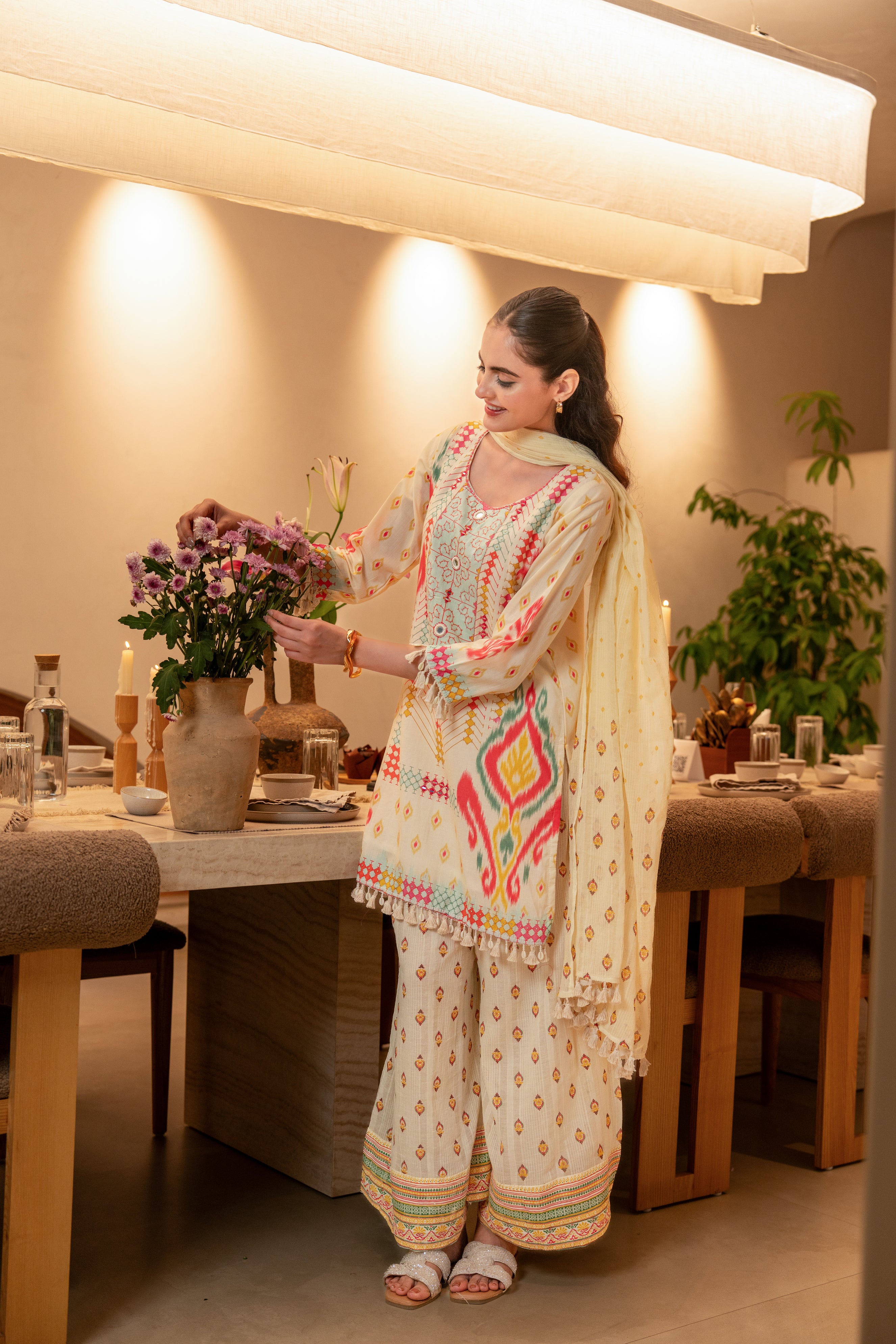 Boho-Chic Embellished Cotton Palazzo Set