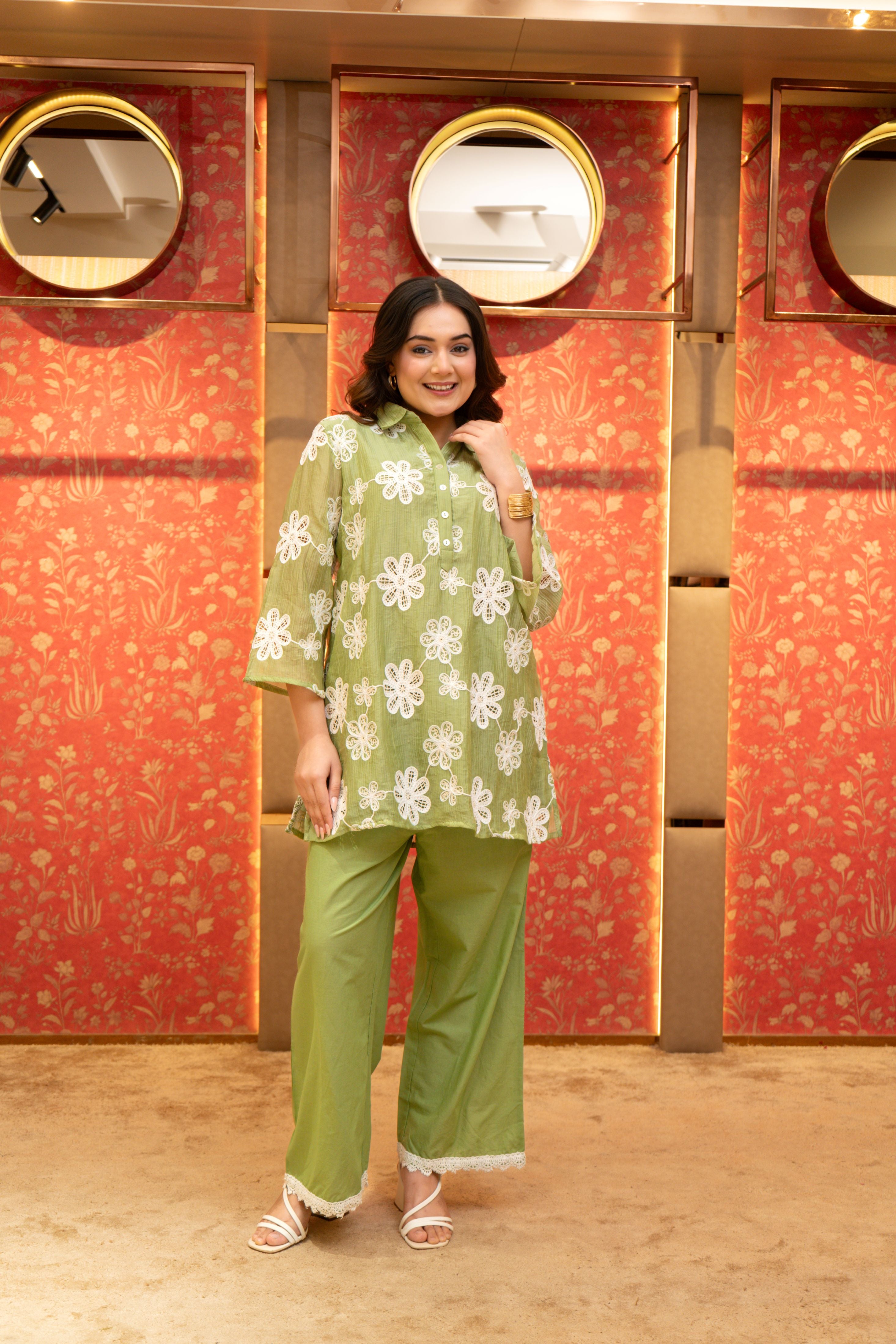 Flora Green Embroidered Soft Organza Co-Ord Set