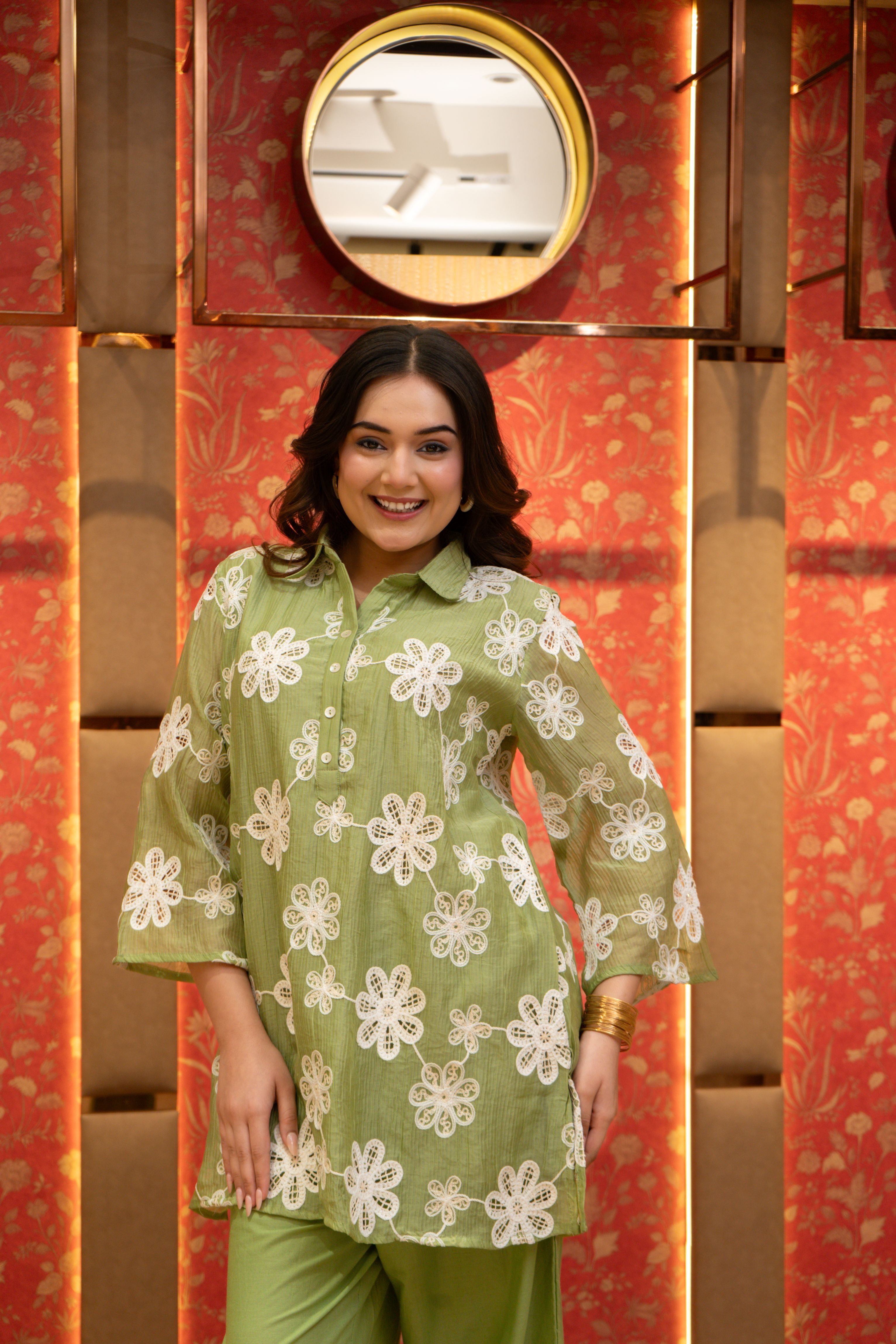 Flora Green Embroidered Soft Organza Co-Ord Set