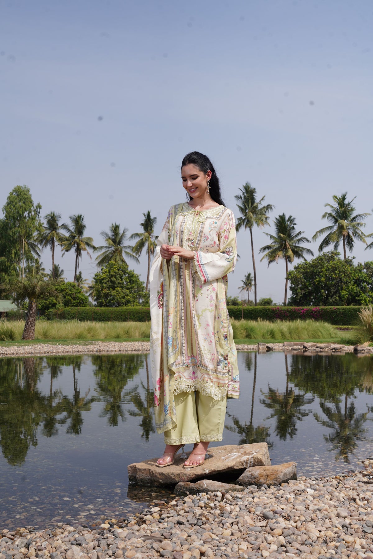 Pistachio Meadow Printed Crepe Silk Kurta Set