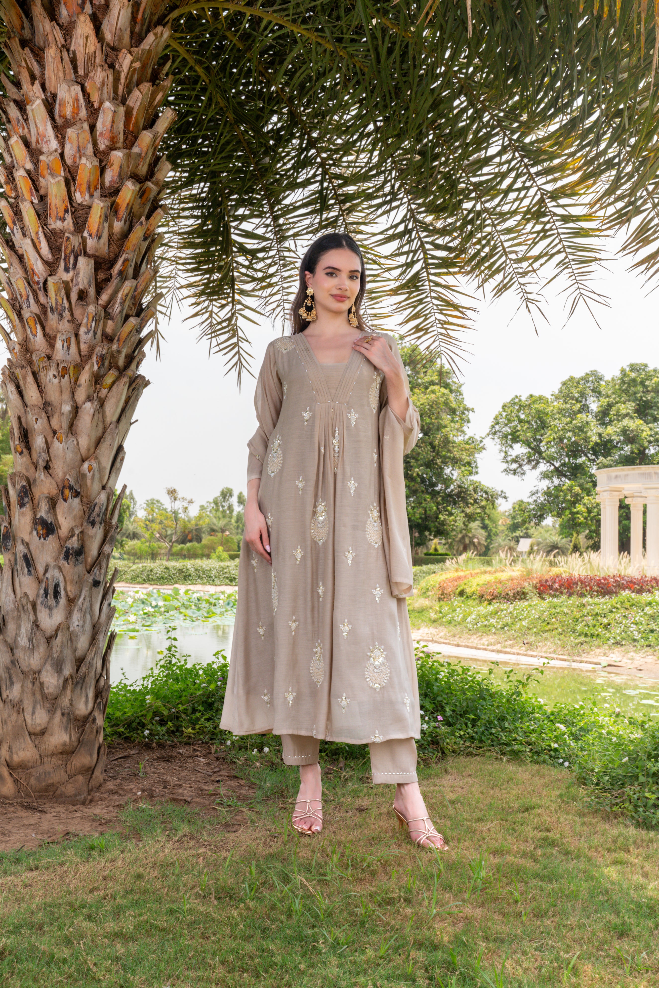 Muted Fawn Embellished Premium Silk Anarkali Set