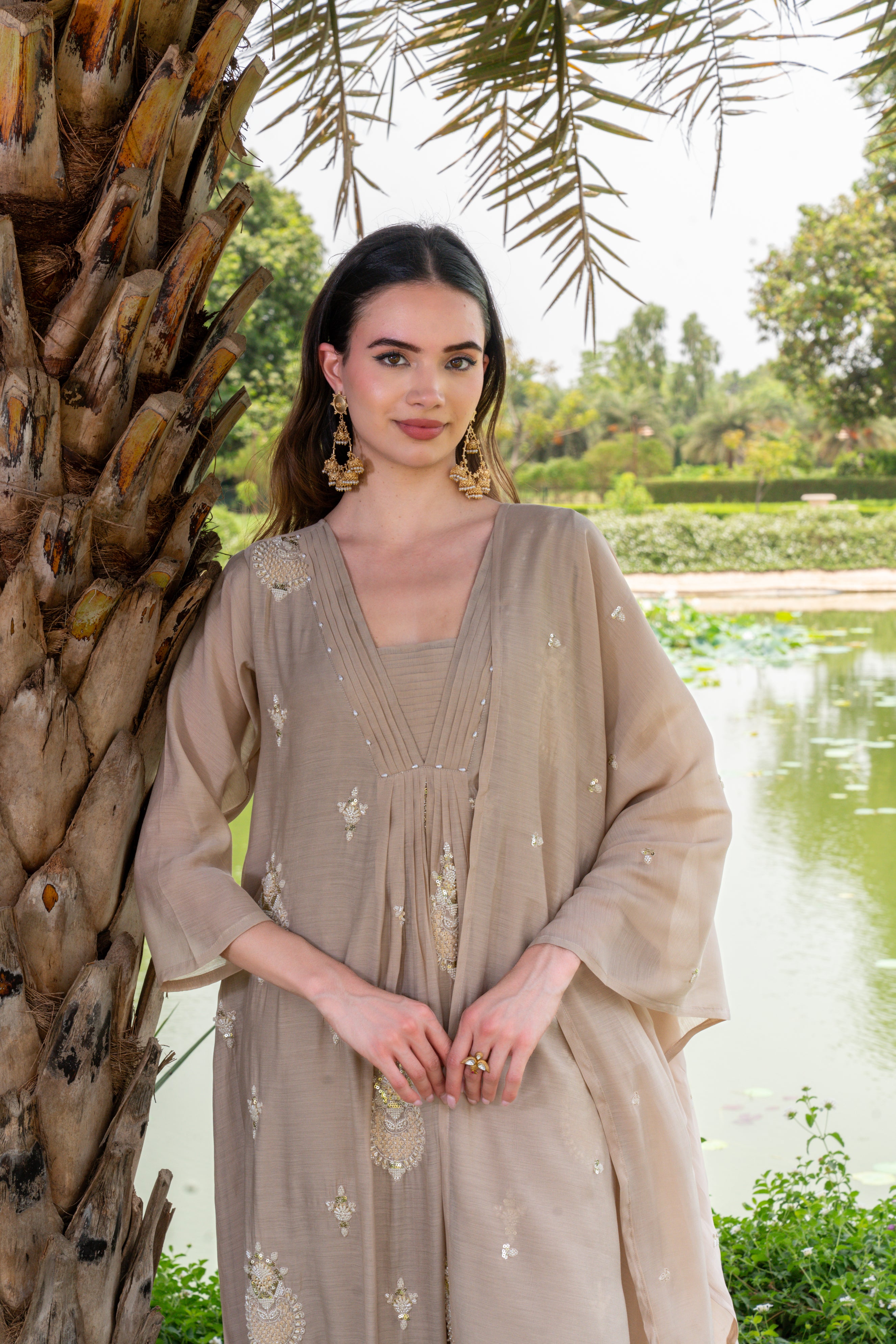 Muted Fawn Embellished Premium Silk Anarkali Set