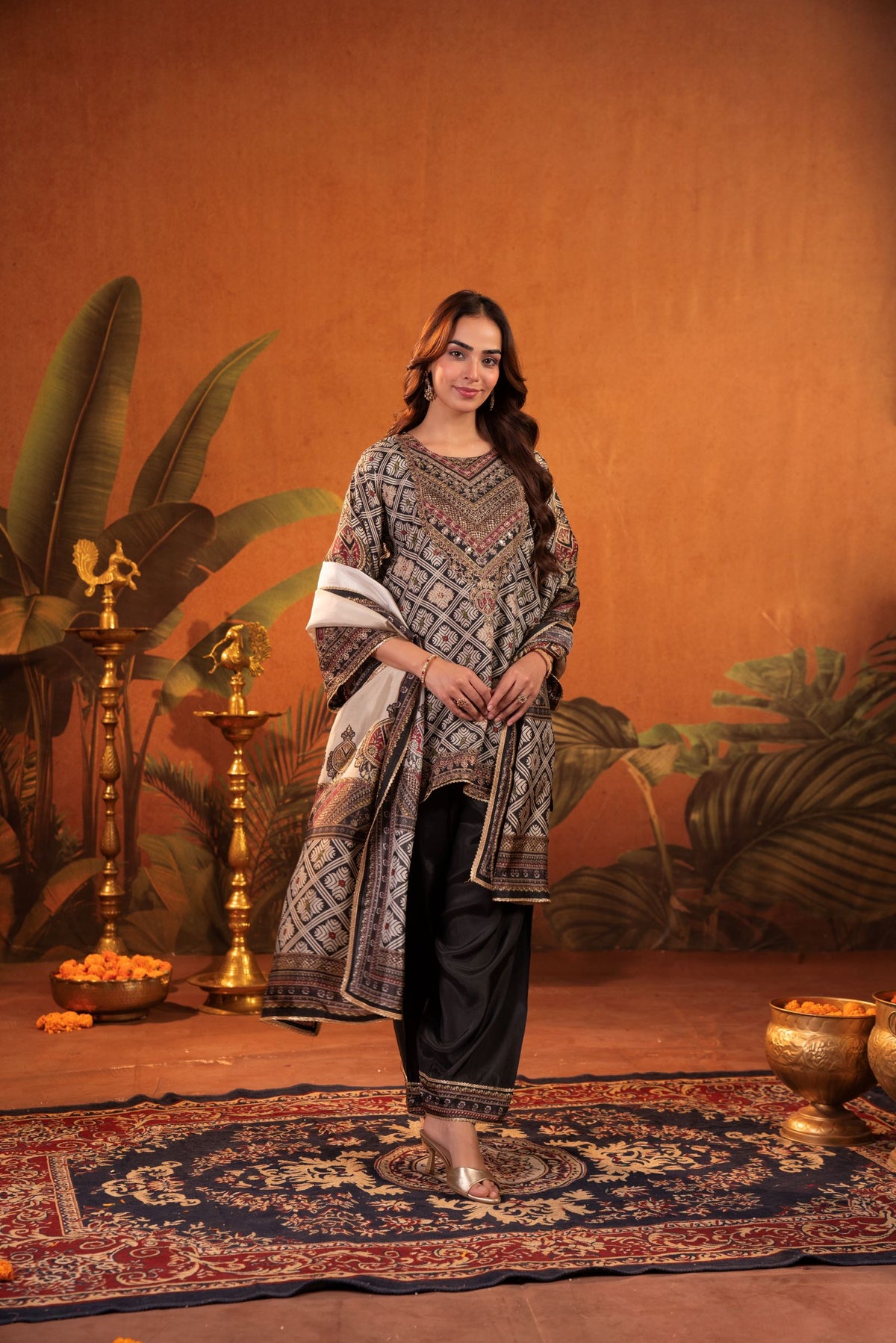 Charcoal Black Embroidered Muslin Silk Farshi Salwar Set