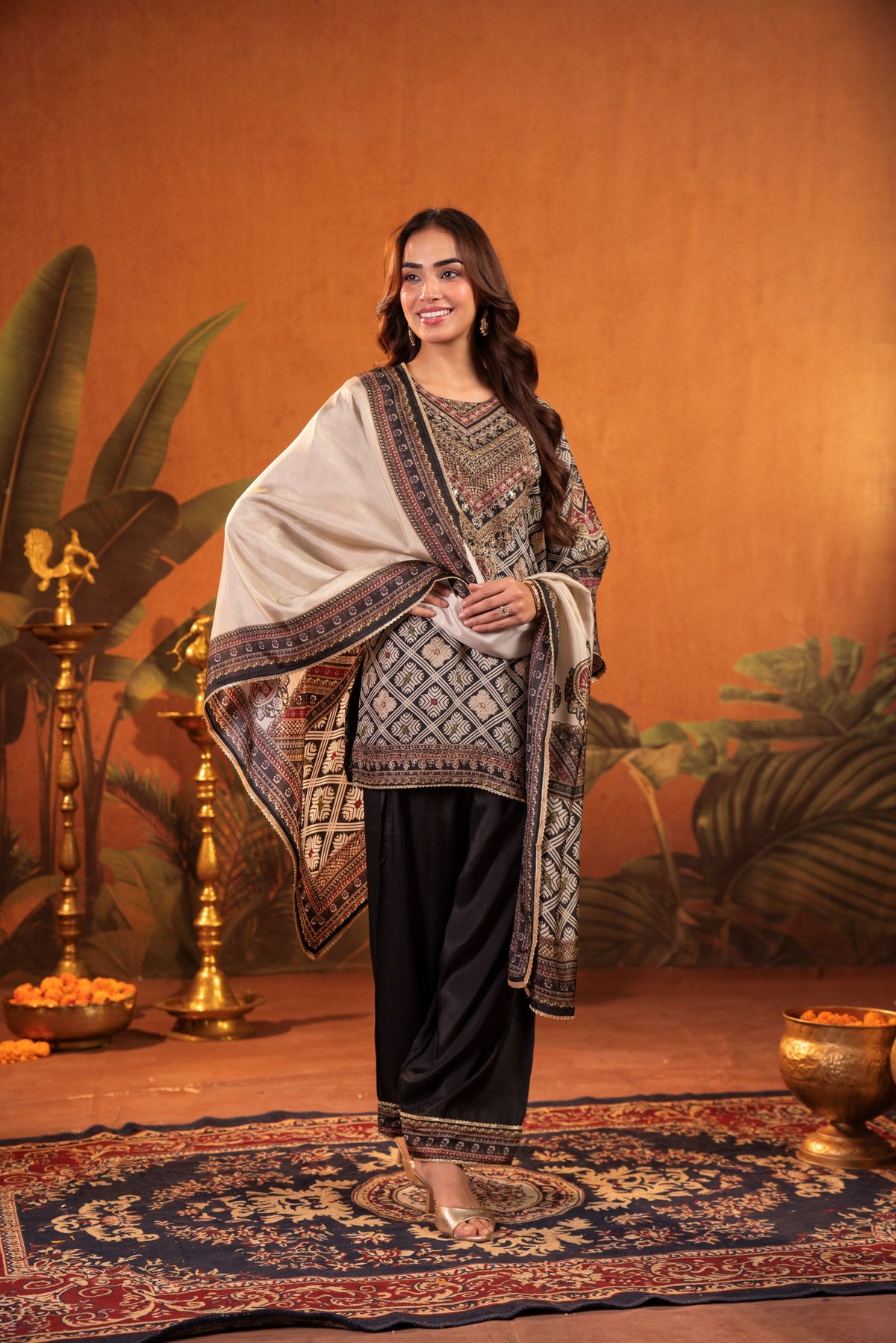 Charcoal Black Embroidered Muslin Silk Farshi Salwar Set