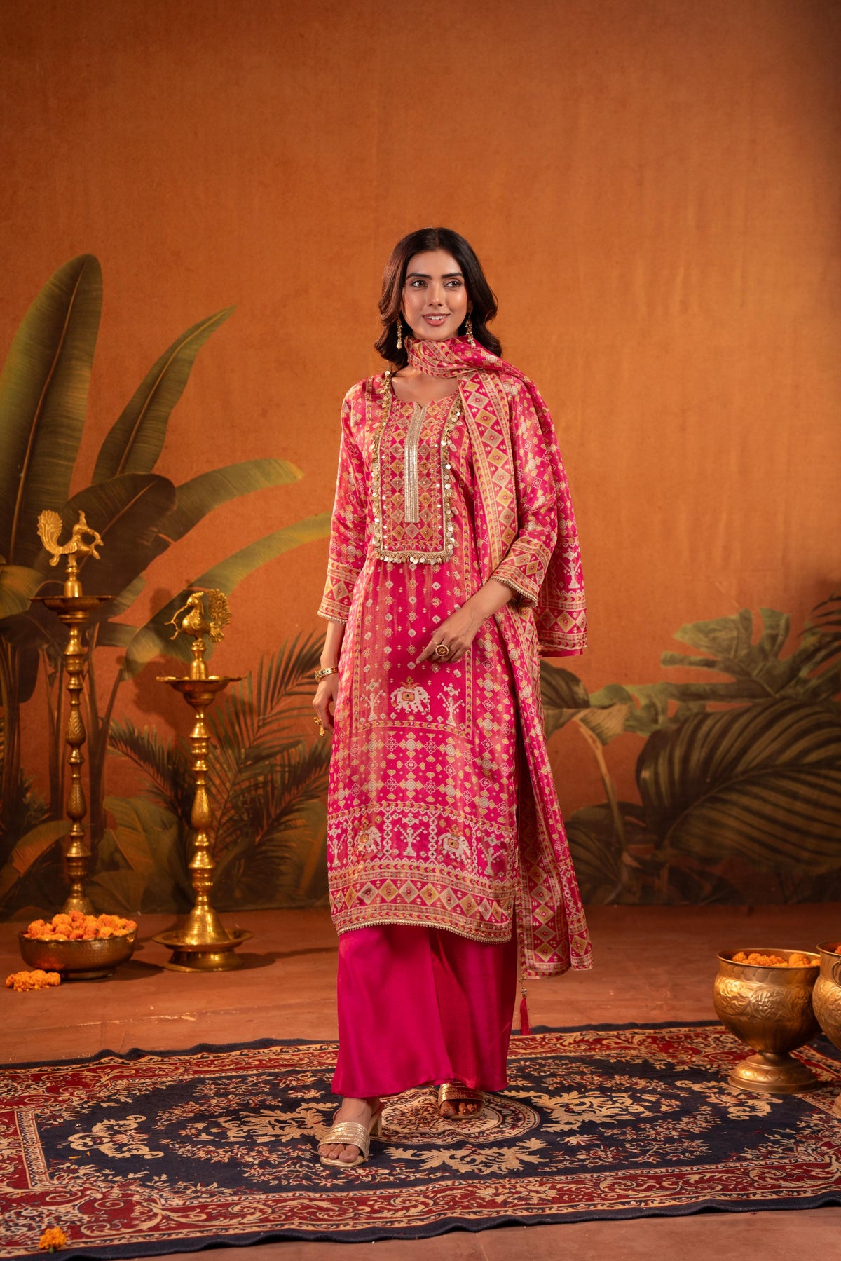 Bright Pink Embellished Shimmer Silk Pant Set