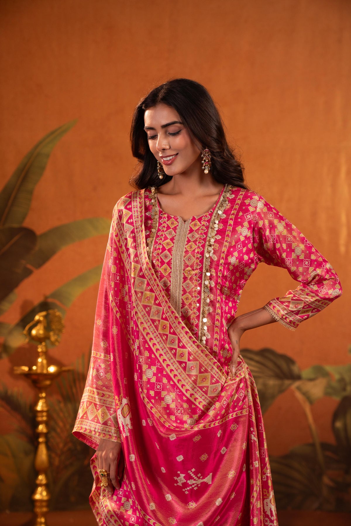 Bright Pink Embellished Shimmer Silk Pant Set