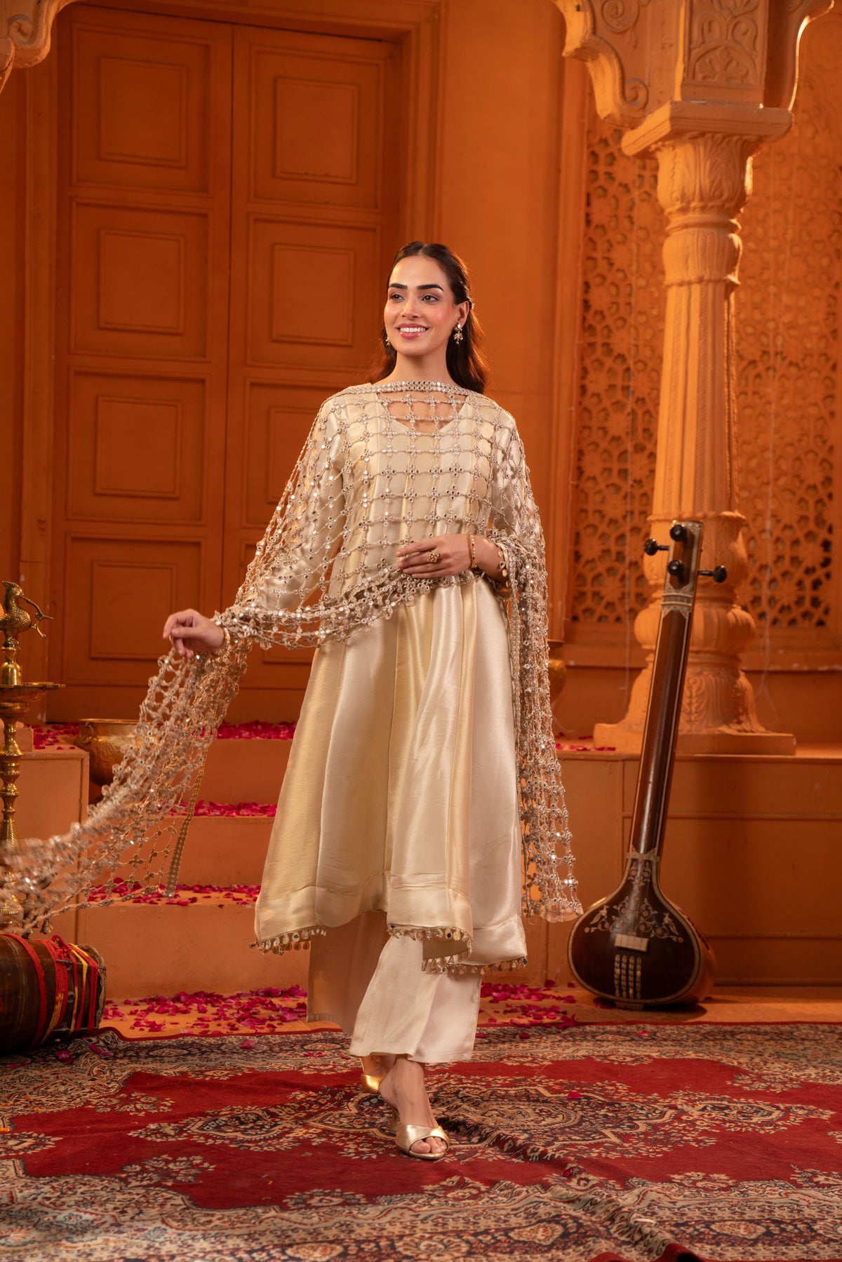 Cream & Silver Gold Embellished Jacquard Silk Anarkali Set