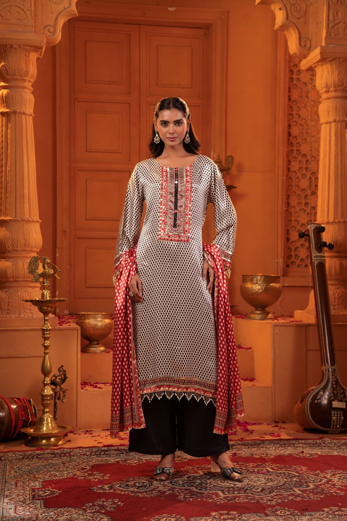 Black Embellished Crepe Satin Silk Palazzo Set