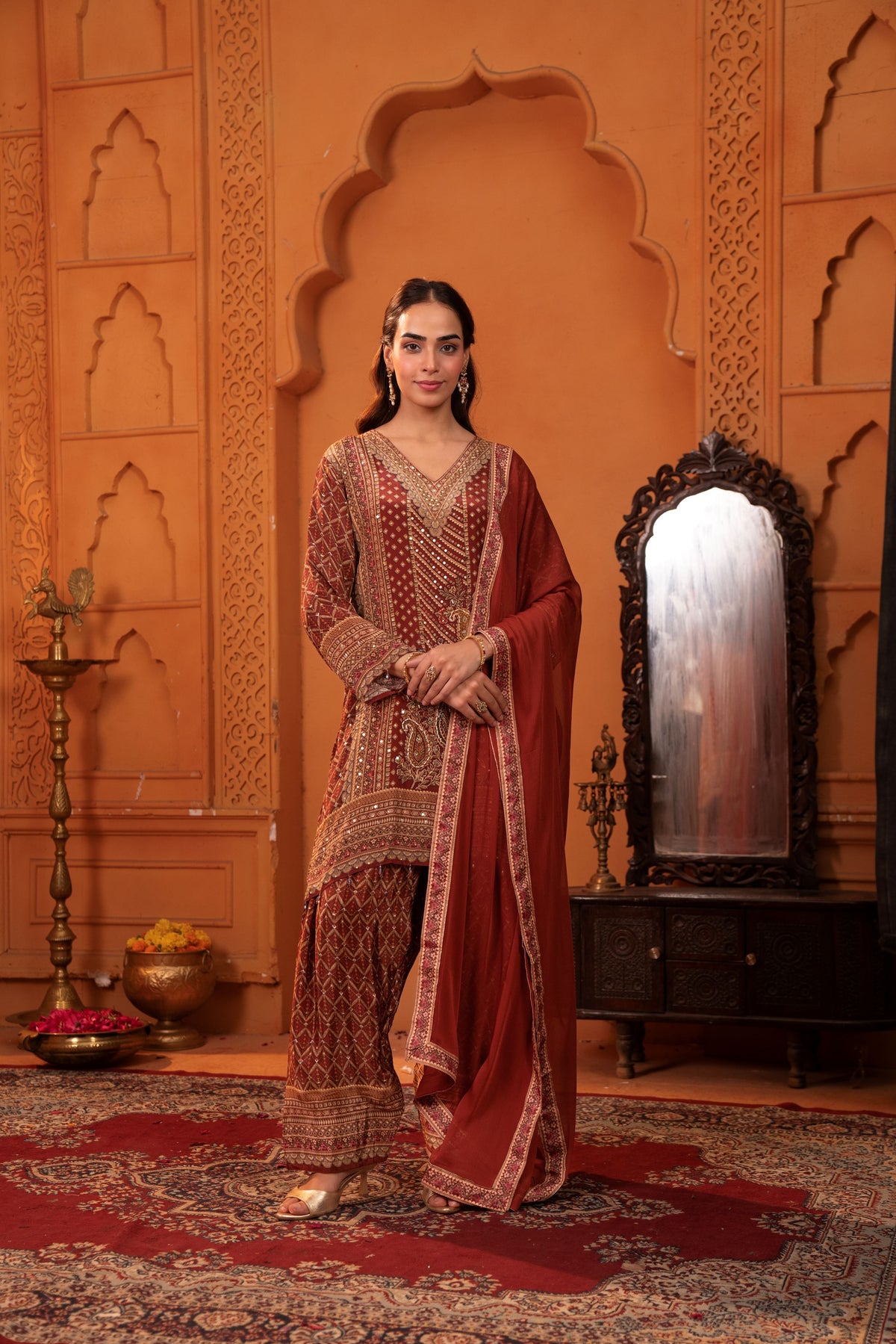 Teracotta Embellished Muslin Silk Farshi Salwar Set