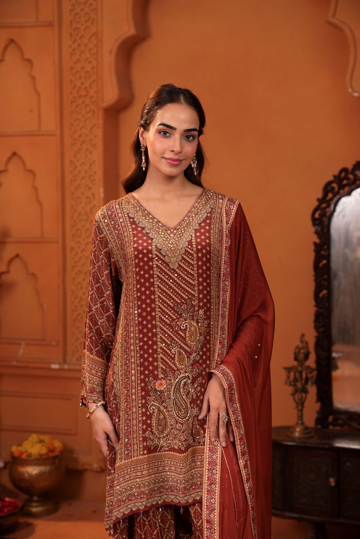 Teracotta Embellished Muslin Silk Farshi Salwar Set
