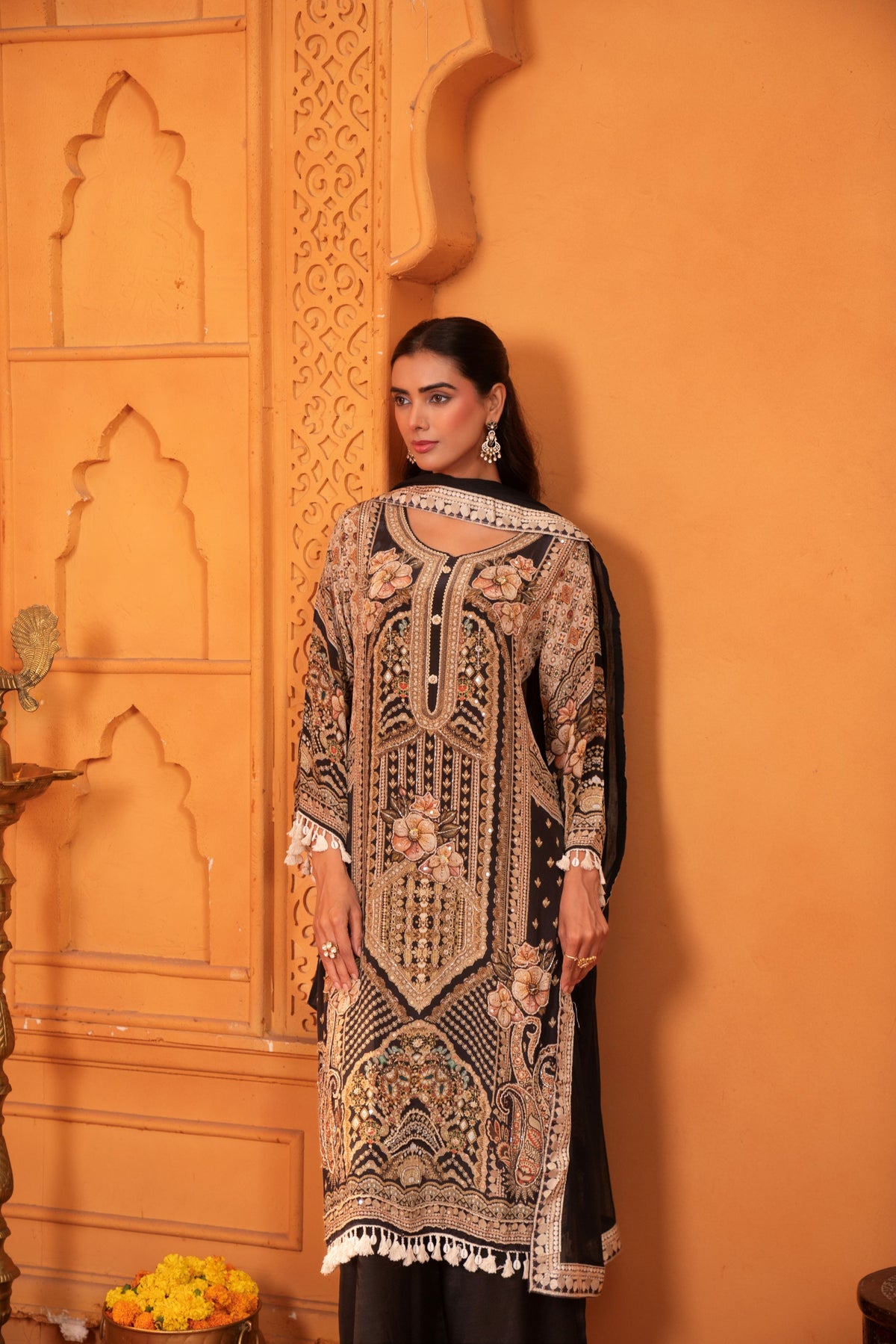 Black Embellished Muslin Silk Palazzo Set