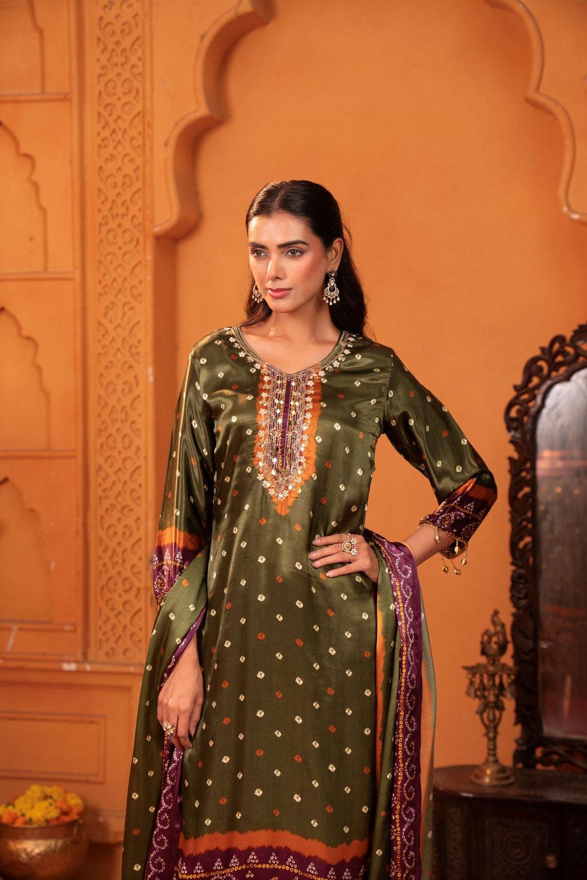 Olive Green Embellished Gaji Silk Palazzo Set