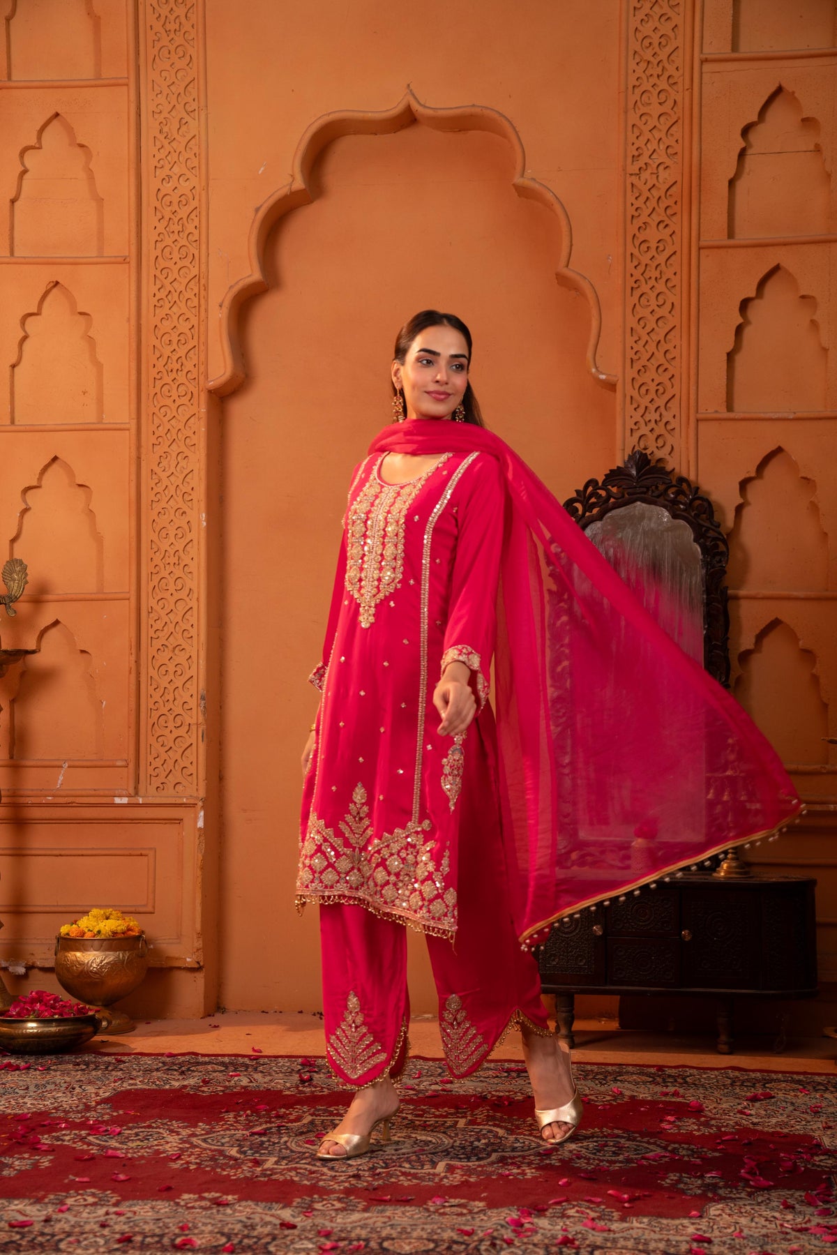 Fuchsia Pink Embellished Crepe Silk Palazzo Set
