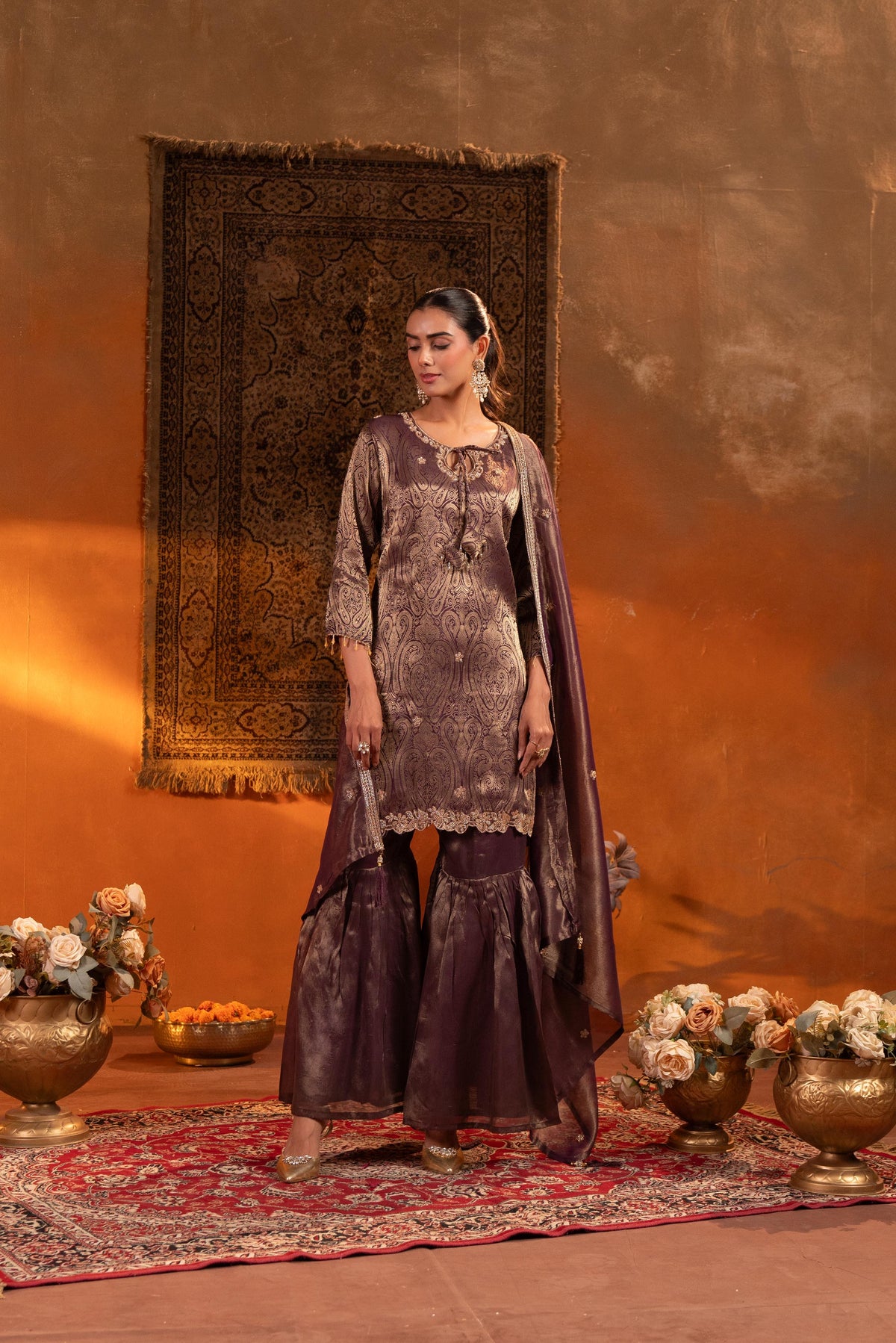 Metallic Plum Purple Embellished Brocade Silk Sharara Set