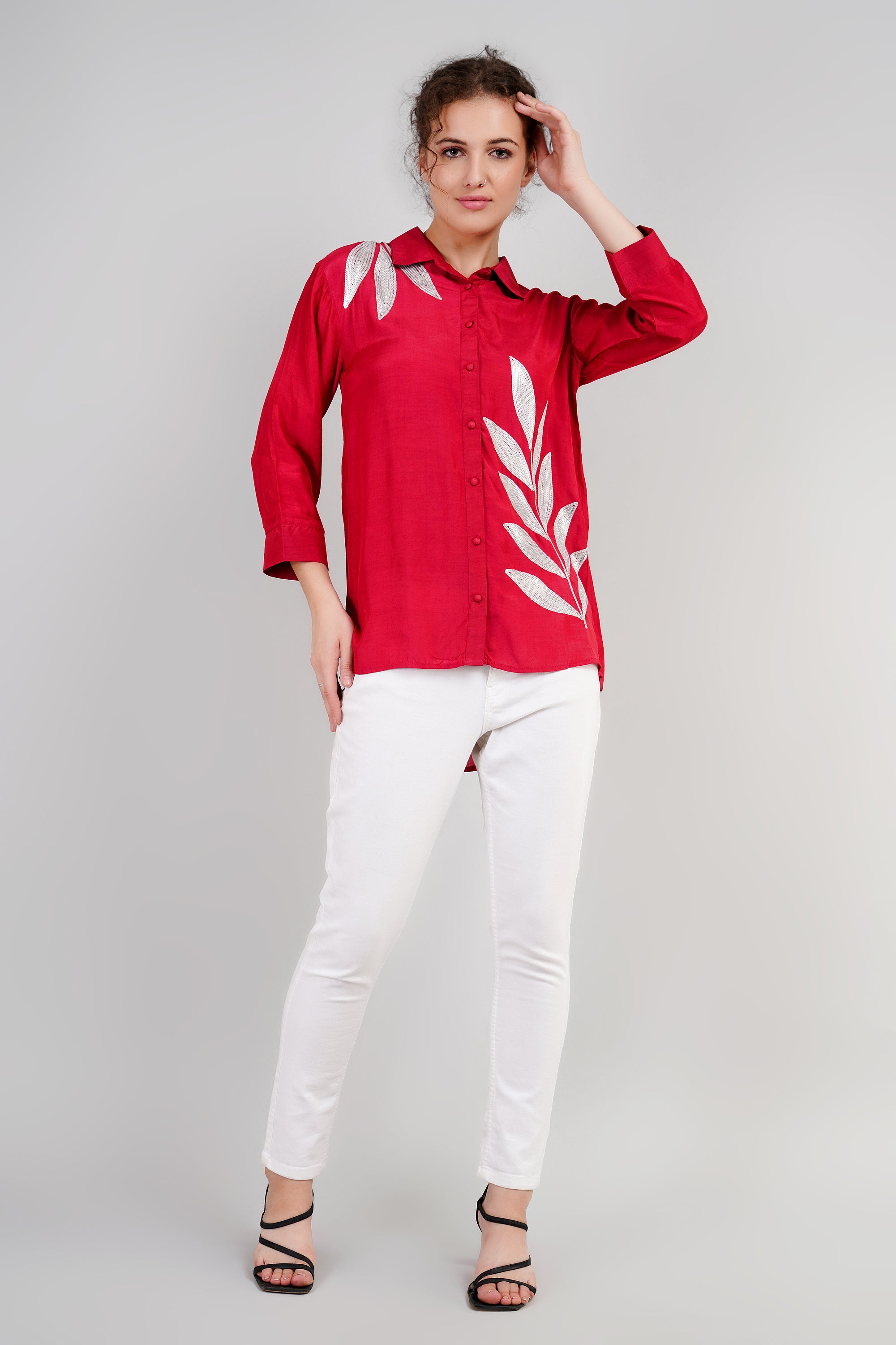 Soft Red Sequins Belgium Silk Shirt