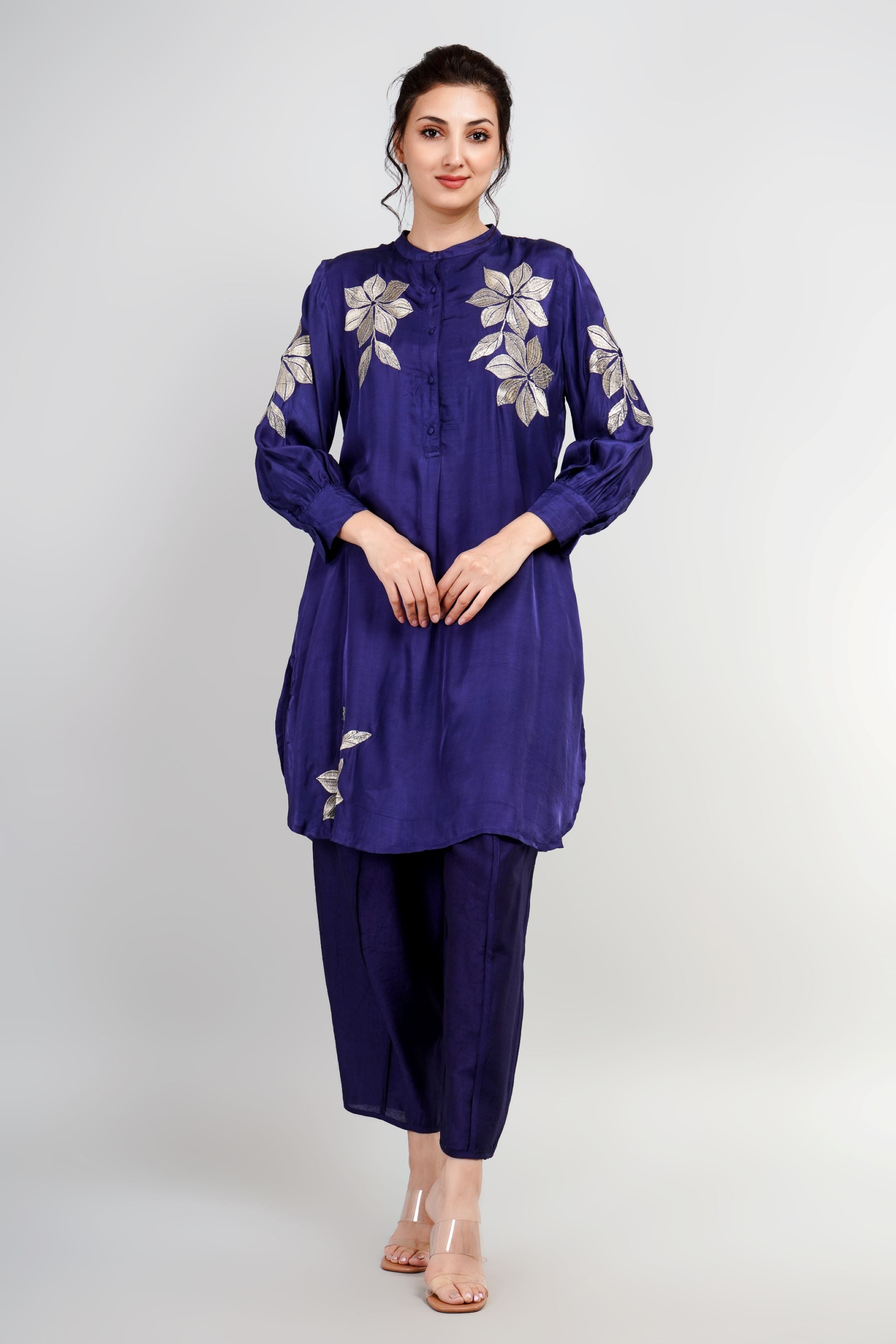 Deep Blue Embroidered Belgium Linen Co-Ord Set