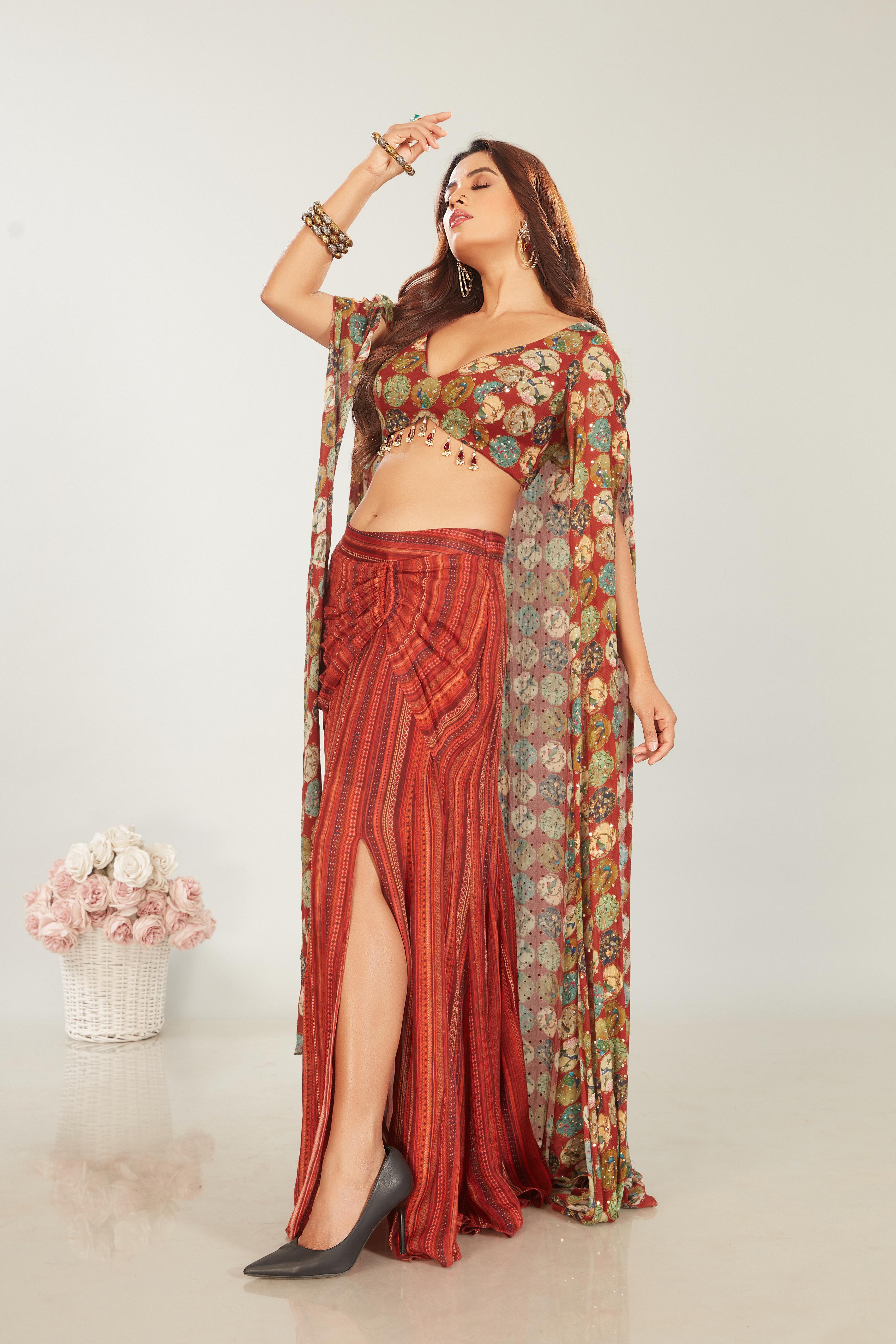 Rustic Red Embellished & Printed Chinon Silk Skirt Set