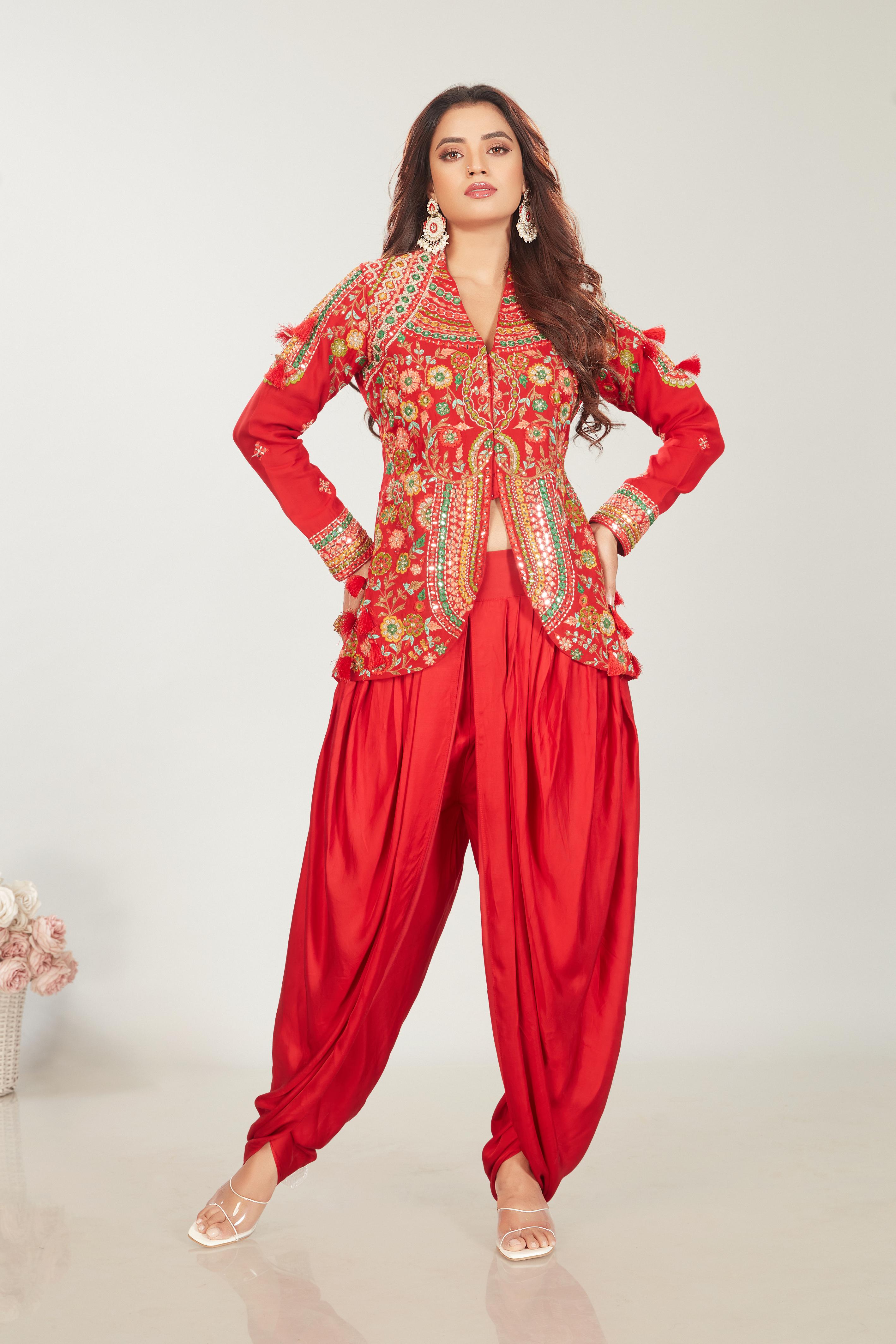 Red Embroidered Raw Silk Tunic & Dhoti Pants Set