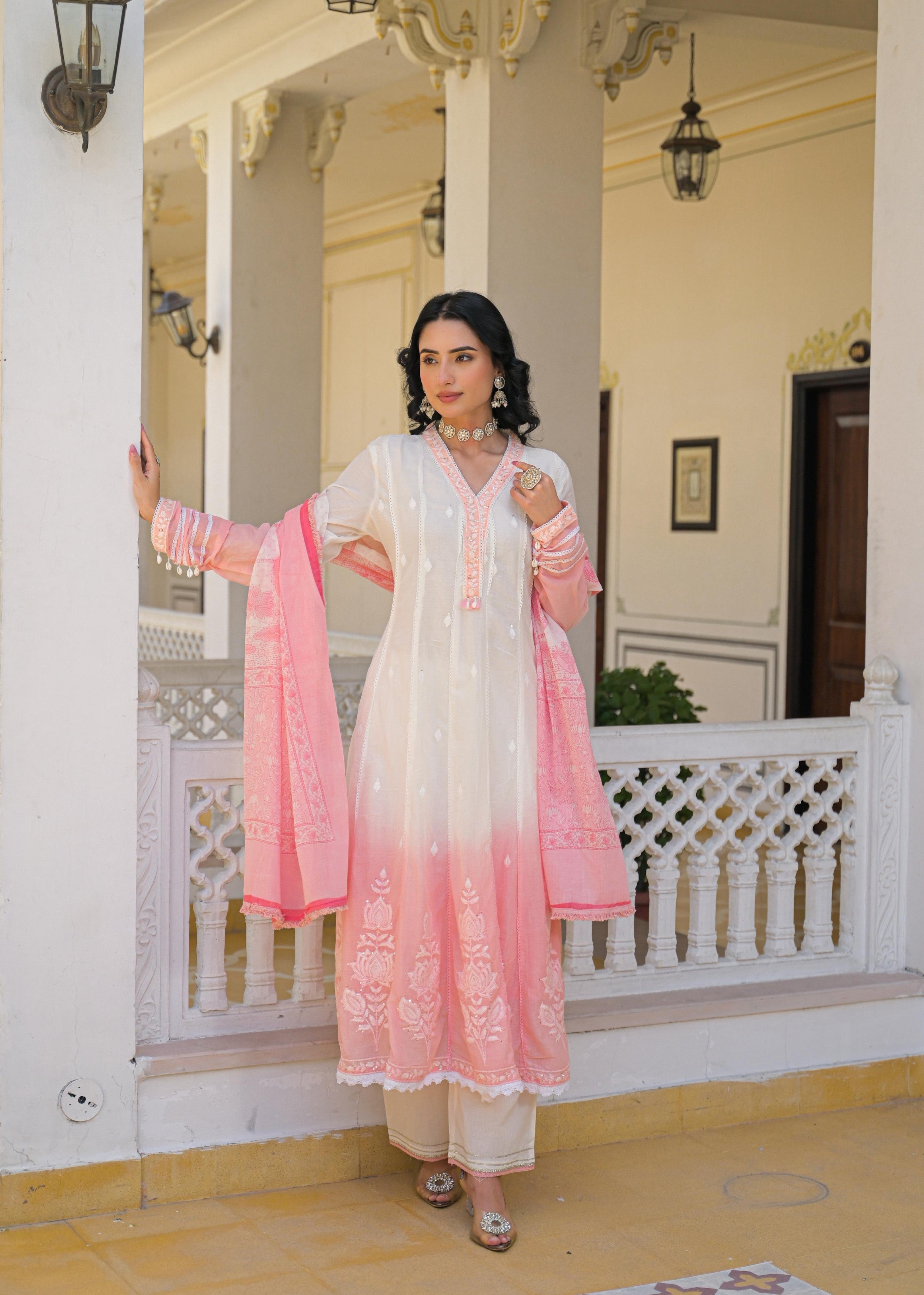 Pink Ombre Embroidered Mul Cotton Anarkali Set