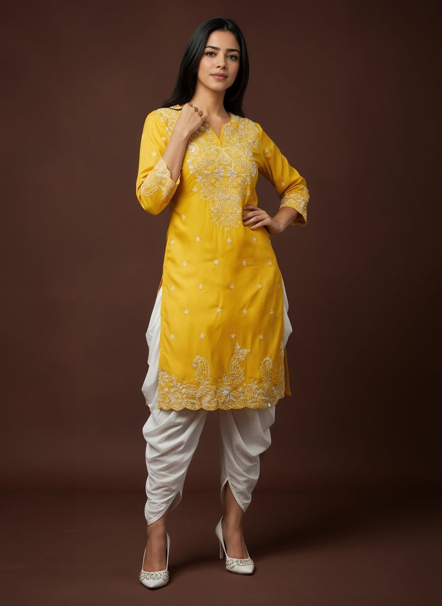 Saffron Yellow Embellished Chinon Silk Dhoti Set