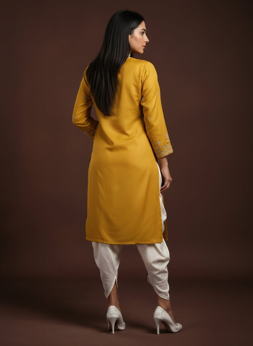 Saffron Yellow Embellished Chinon Silk Dhoti Set