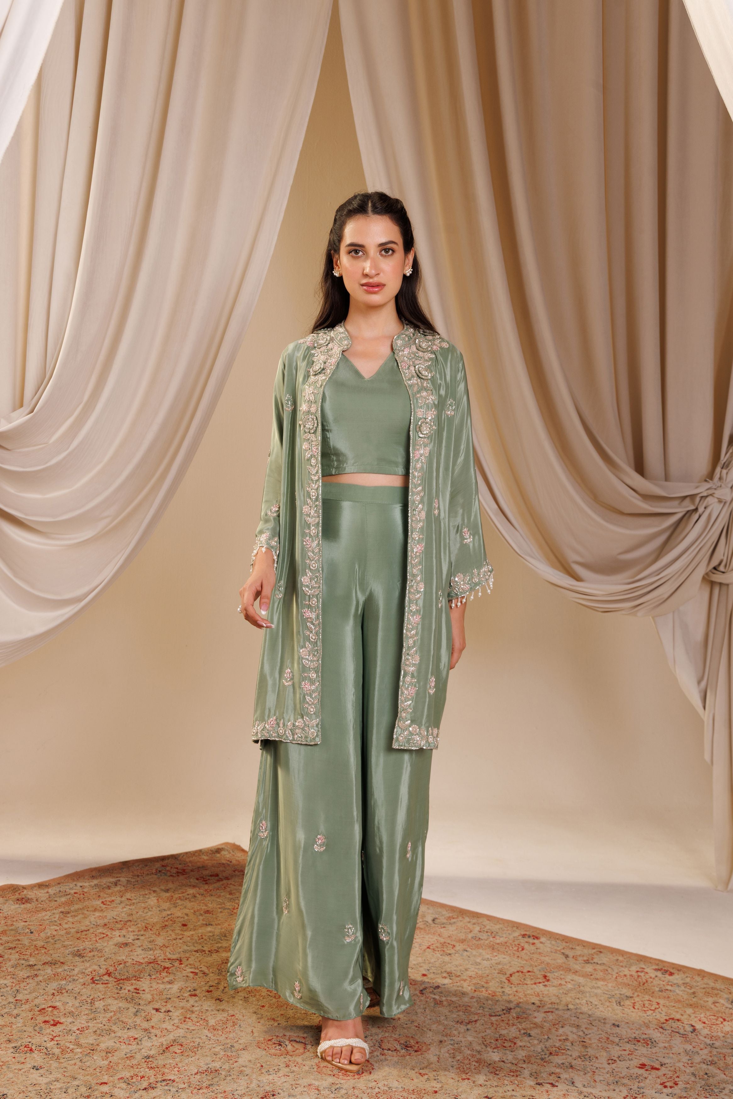 Sage Luxe Embroidered Cape Set