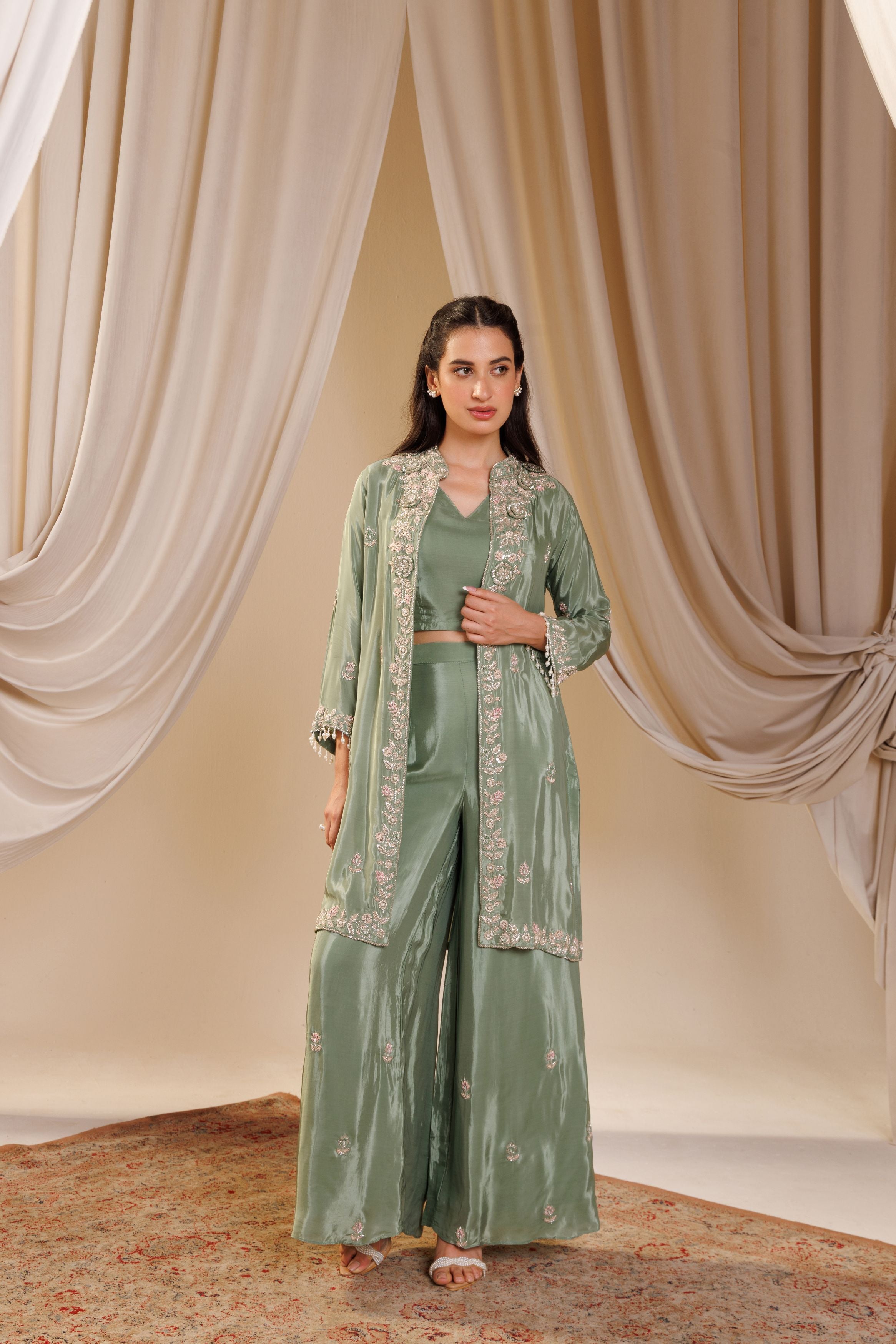 Sage Luxe Embroidered Cape Set