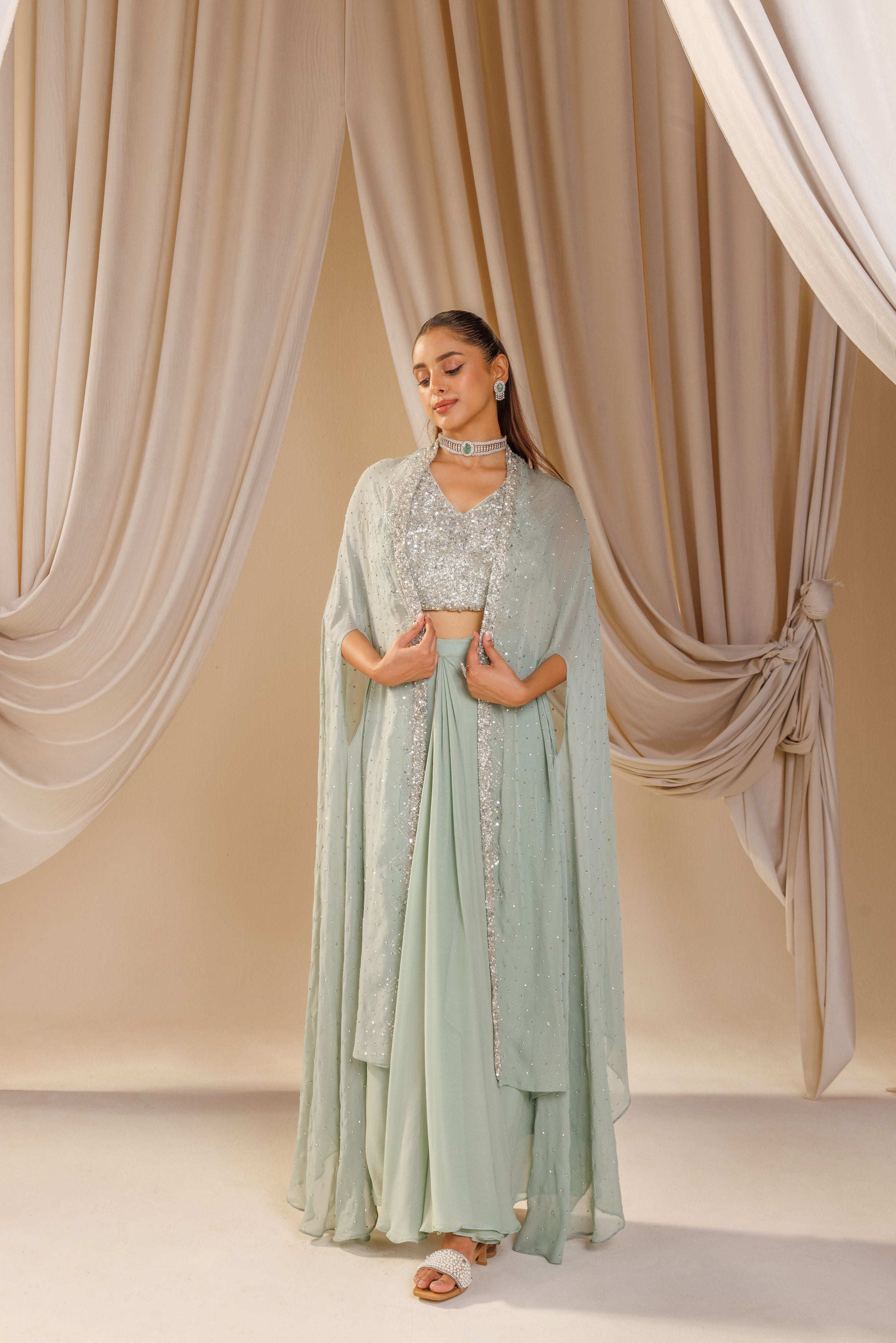 Mint Green Embellished Chinon Silk Skirt Set