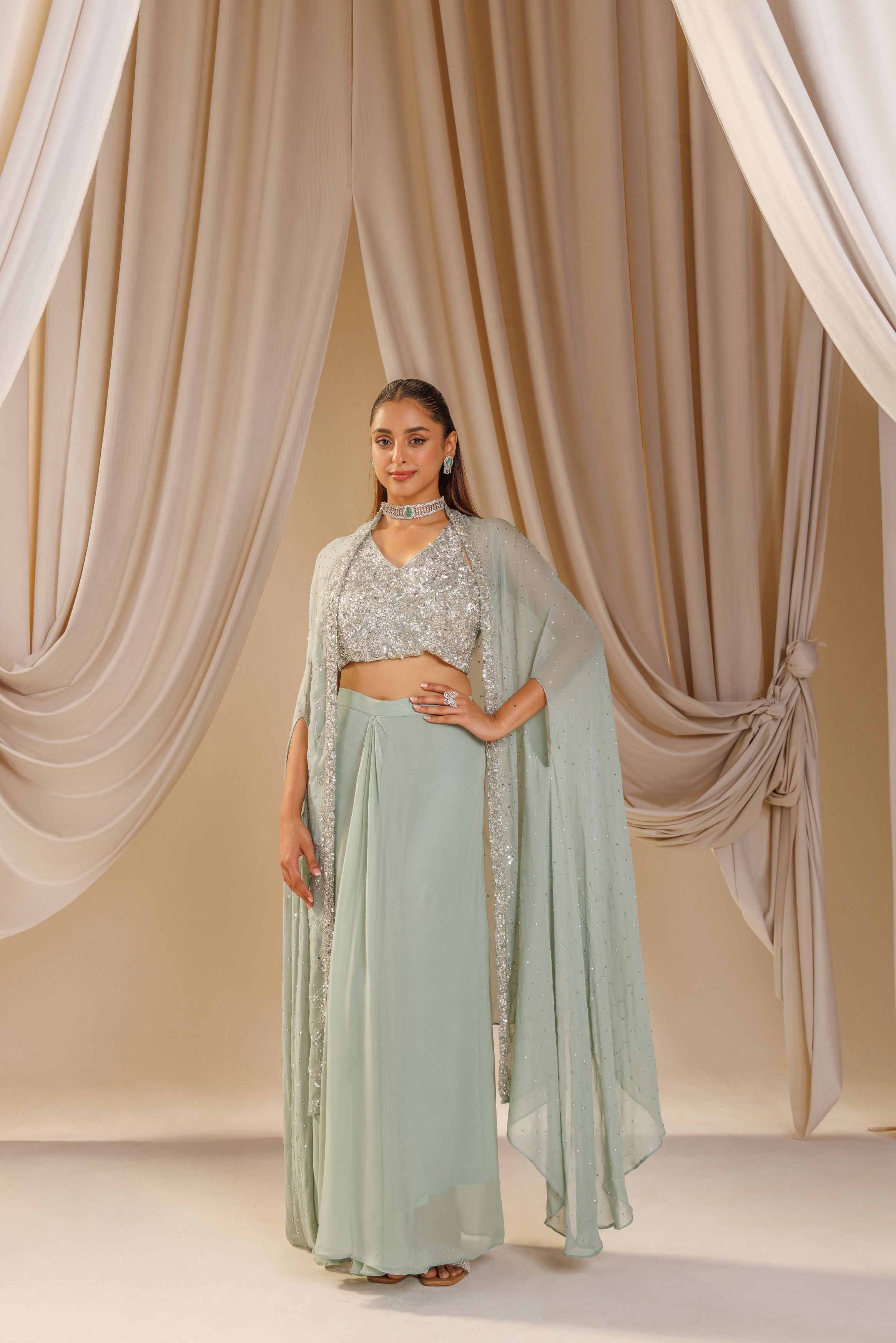 Mint Green Embellished Chinon Silk Skirt Set