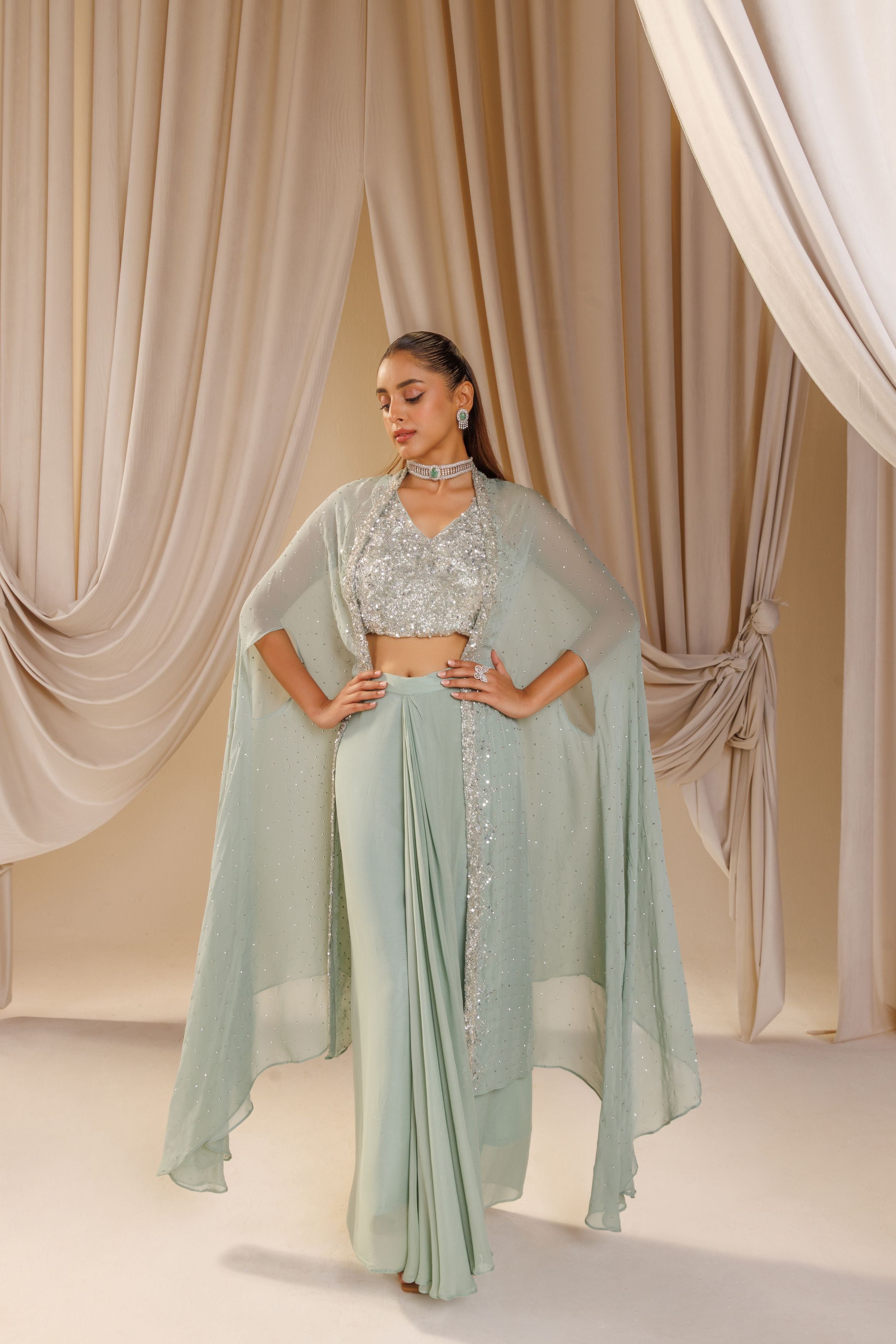 Mint Green Embellished Chinon Silk Skirt Set