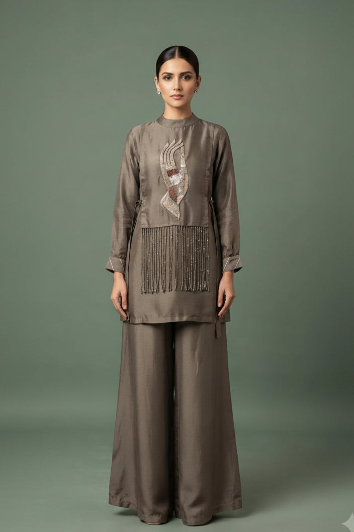 Metallic Grey Embellished Crepe Silk Palazzo Set