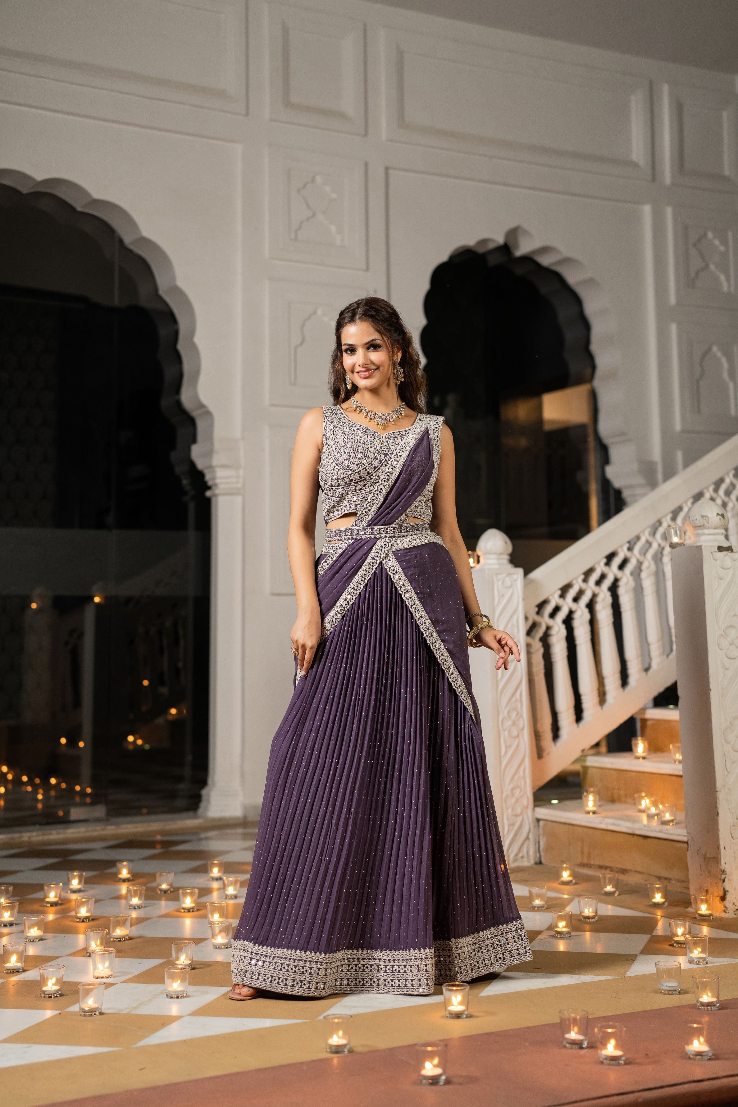 Vintage Mauve Embroidered Georgette Silk Lehenga Saree