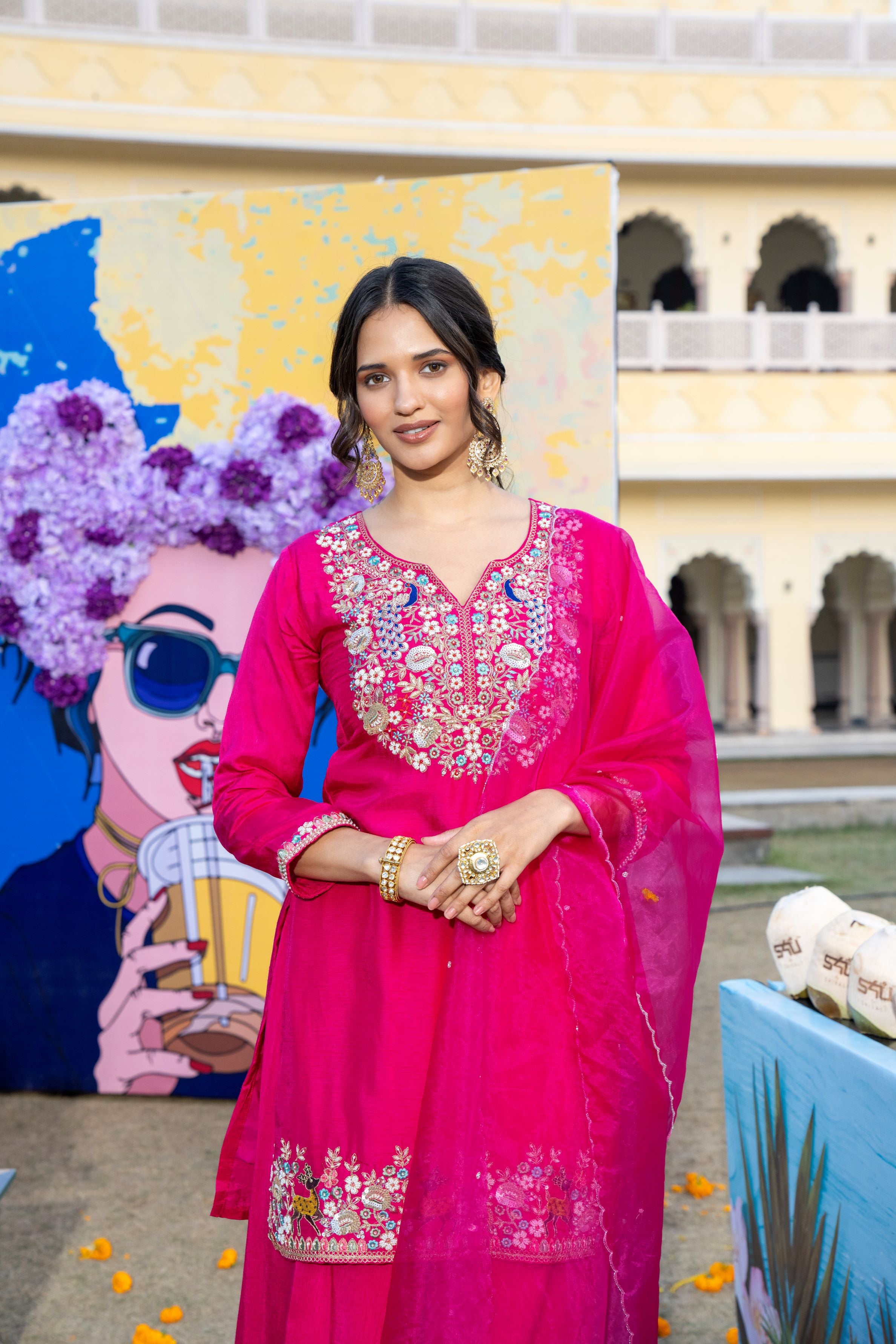Rani Pink Embroidered Raw Silk Palazzo Set