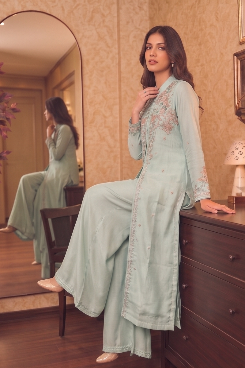 Powder Blue Embellished Chinon Silk Palazzo Set