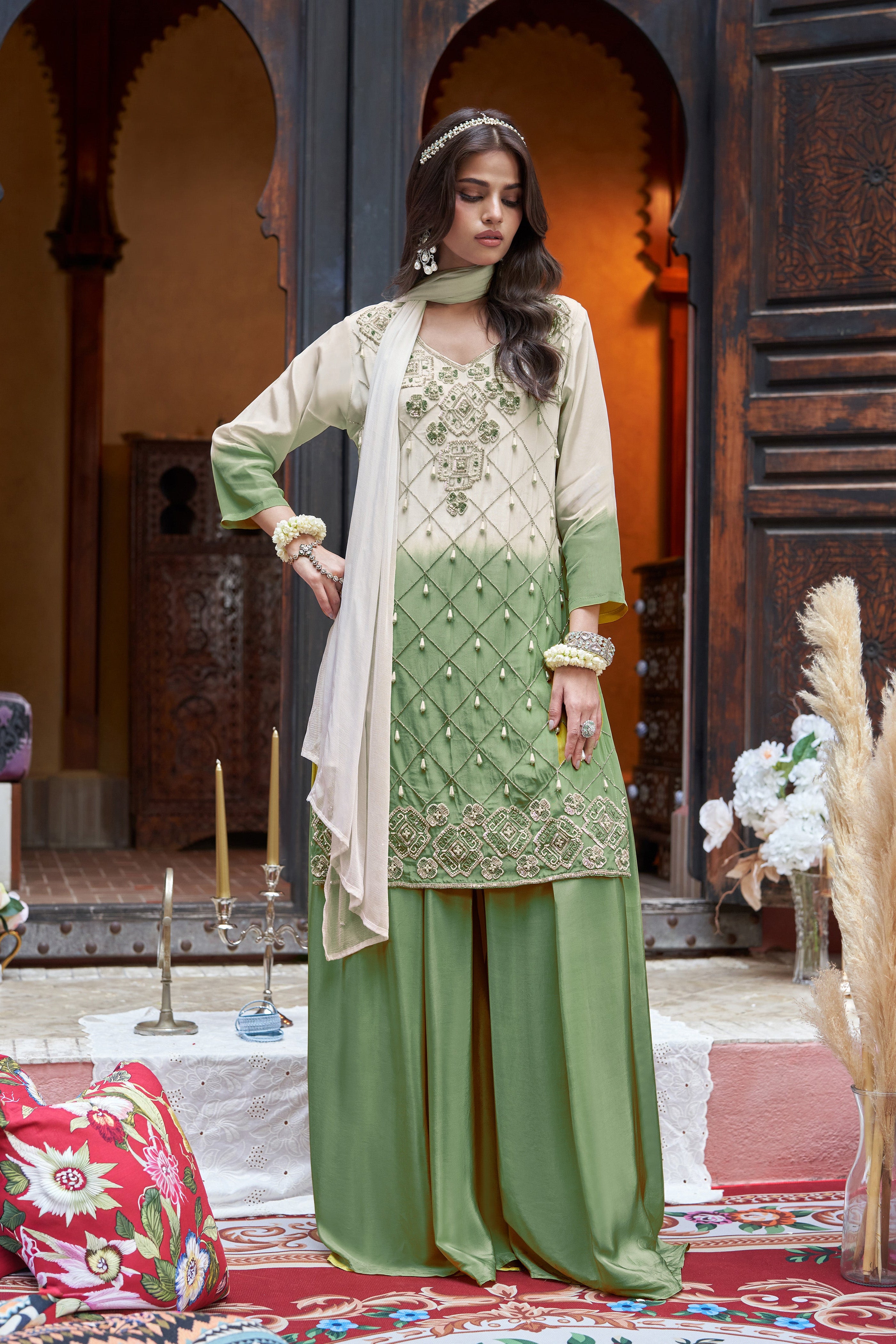 Moss Green Ombre Embellished Satin Silk Palazzo Set