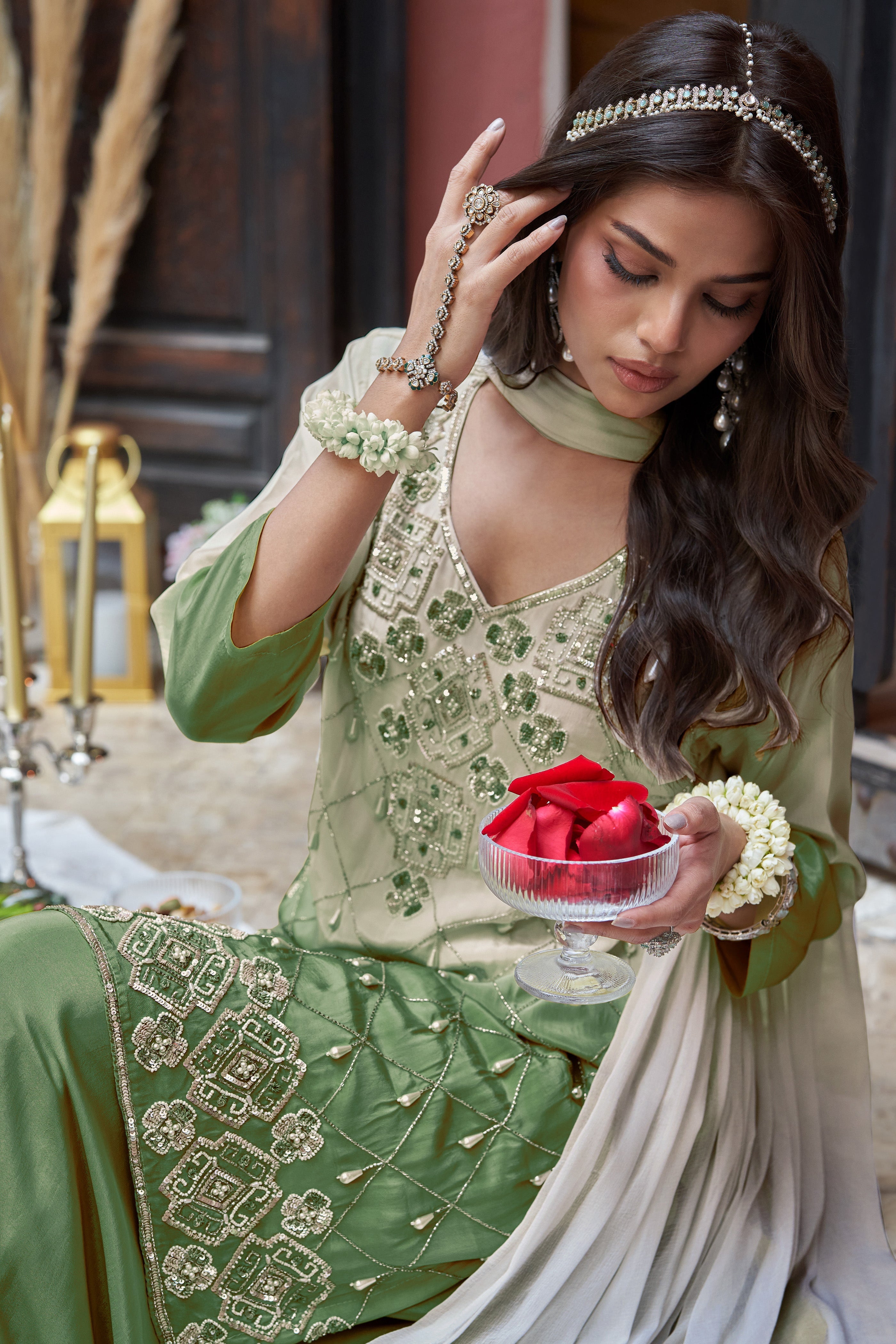Moss Green Ombre Embellished Satin Silk Palazzo Set